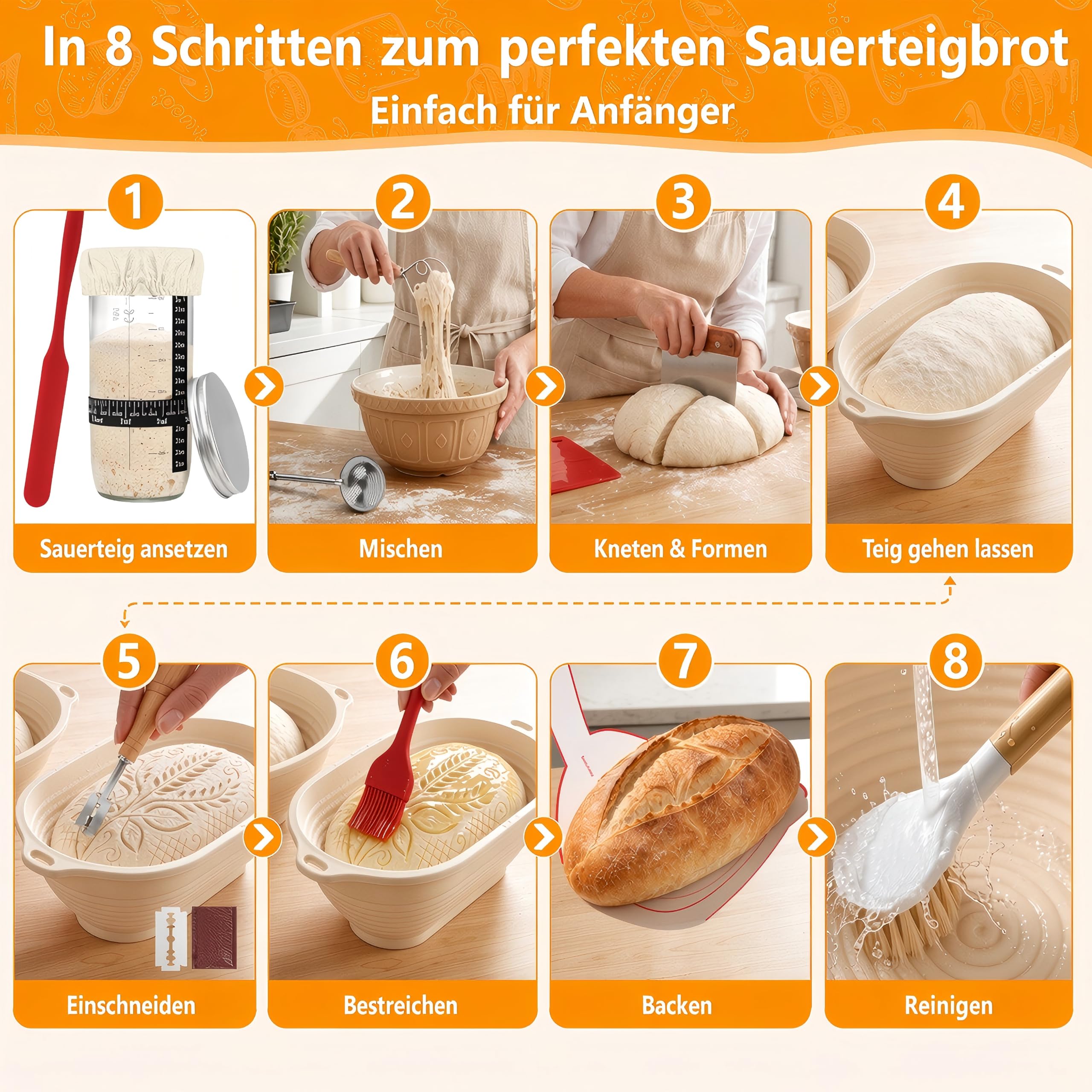 Kit Levain 24 Pièces, Bannetons Rond & Ovale avec Lame à Pain, Grattoir, Tapis Silicone, Bocal à Levain et Accessoires – Kit Boulangerie Débutants & Pros