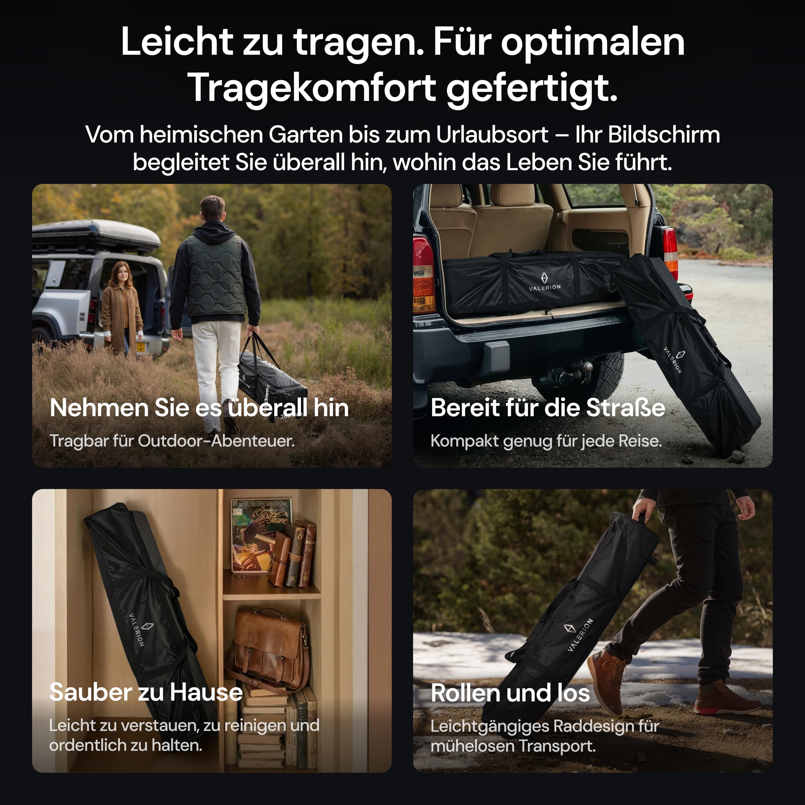 Valerion 120 Zoll Tragbare 4K/8K Outdoor-Leinwand mit Ständer, 3-lagiges mattweißes PVC, 16:9 Format, 1.3 Gain, faltbar, Anti-Falten, windstabil, inkl. Tragetasche