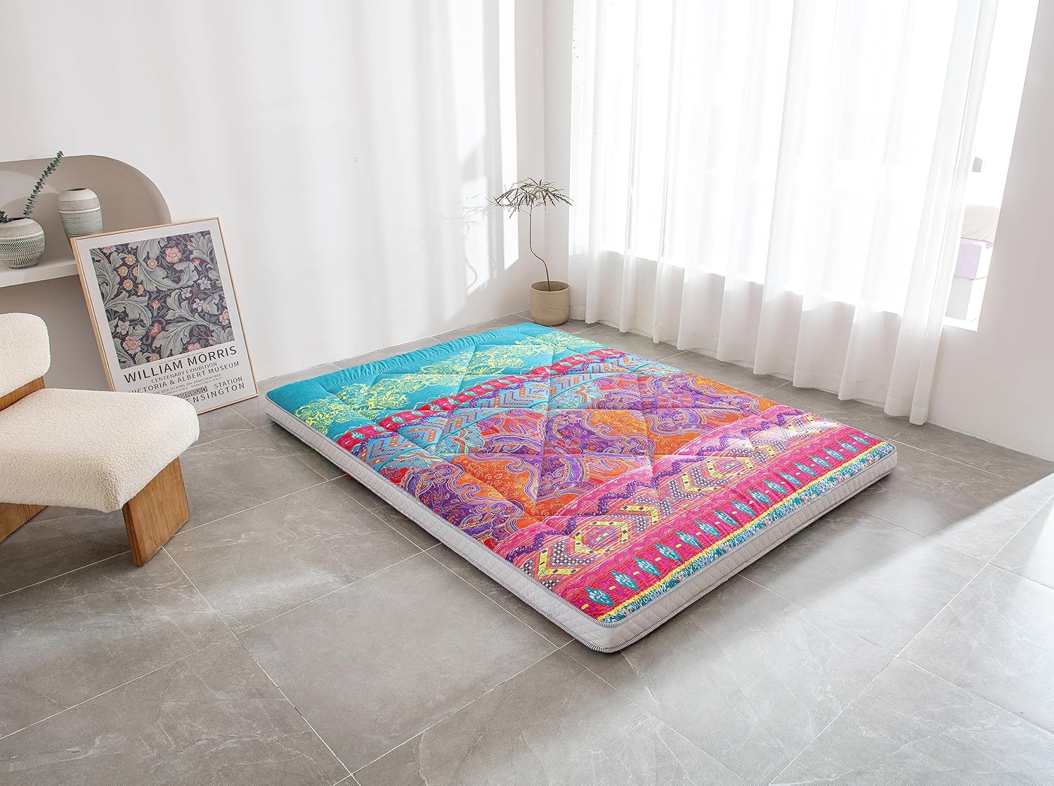 Japanese Foldable & Portable Roll up Camping Mattress, Thicken Sleeping Futon Mattress, Bohemia Blue Full