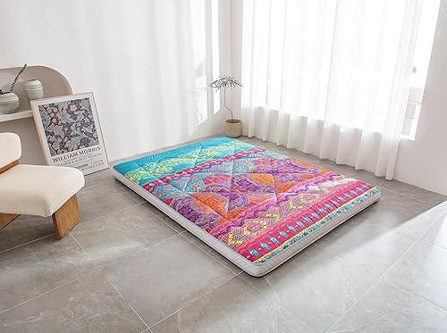 Miniatura 5 de Colchón de futón japonés para suelo, plegable y portátil, grueso, para acampar, cama doble, color azul bohemio