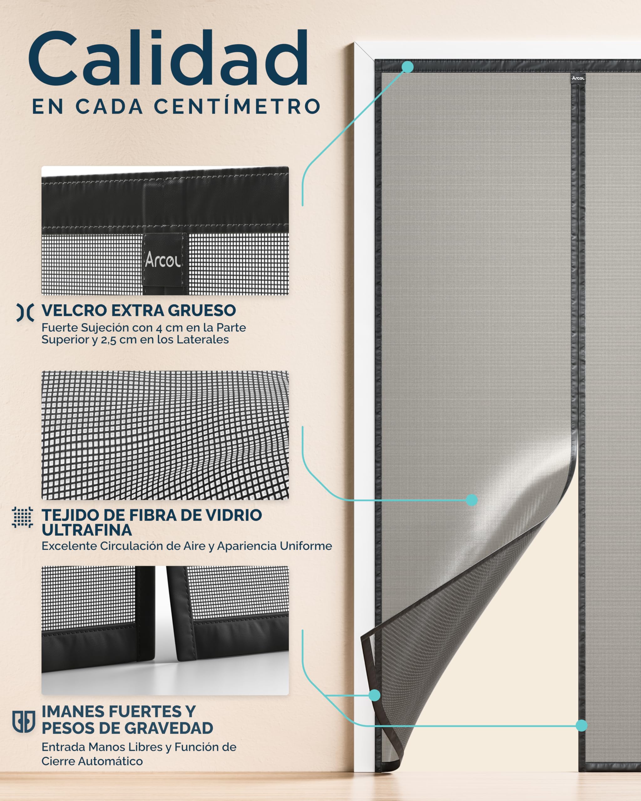 ARCOL Mosquitera Puerta Magnética 80x250 cm de Fibra de Vidrio – Adiós a los Mosquitos en 3 min, Malla Ultra-Fina, Cierre Automático con Imanes y Pesos, Cinta de Fijación Extra Ancha (Negro)