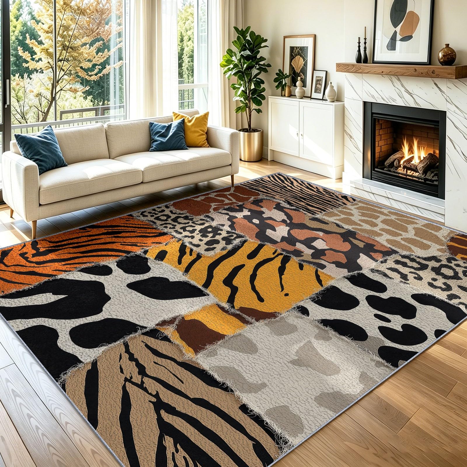 Tapis antidérapant lavable patchwork pour salle à manger et salon avec motif animal 60x110