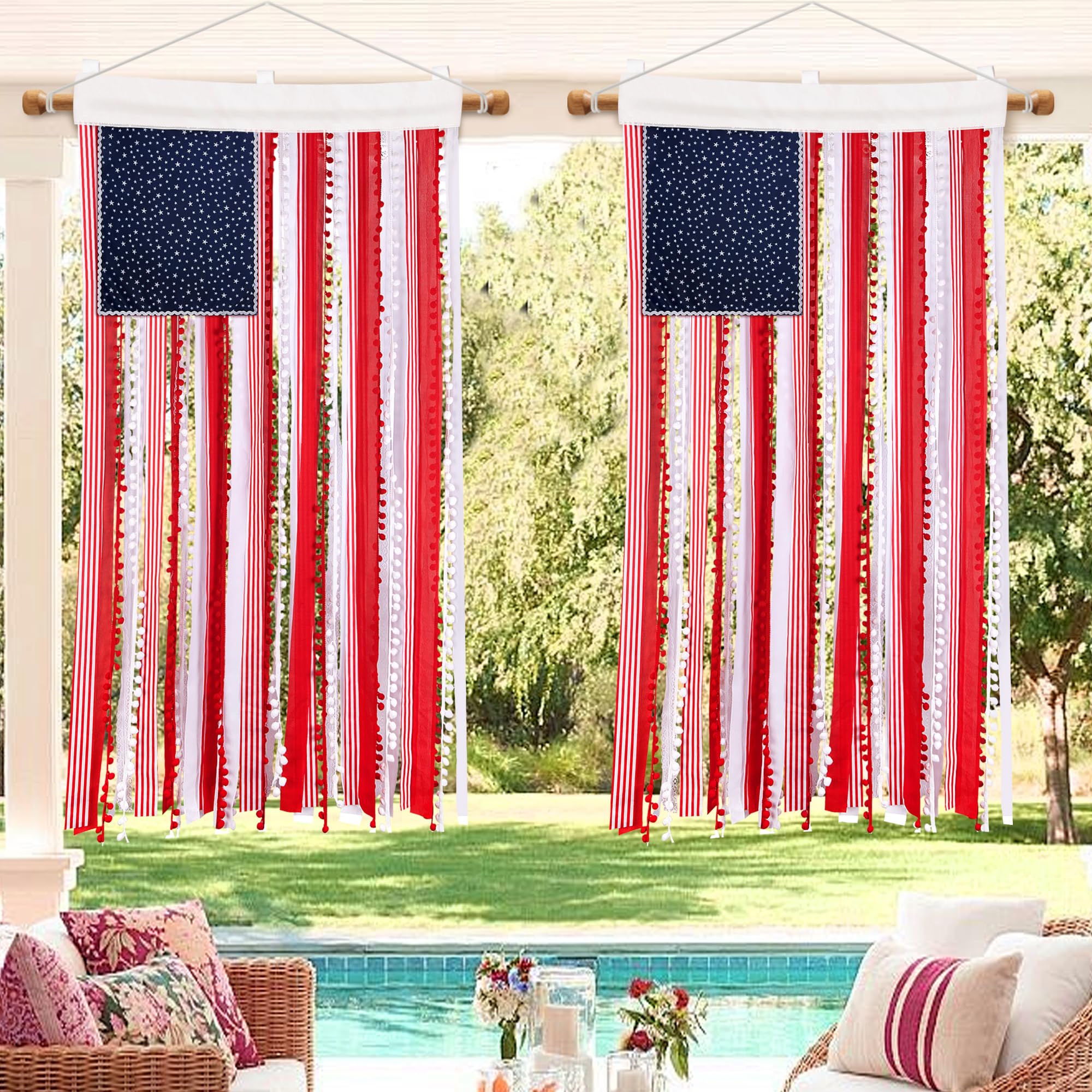 Photo 1 of Deloky 2 Pcs 4th of July Rag American Flag Banner, 4 x 2.3 Ft Vintage Patriotic USA Flag Banner, Independence Day Retro American Flags Bunting for Outdoor Garden Yard Home Party Decoration