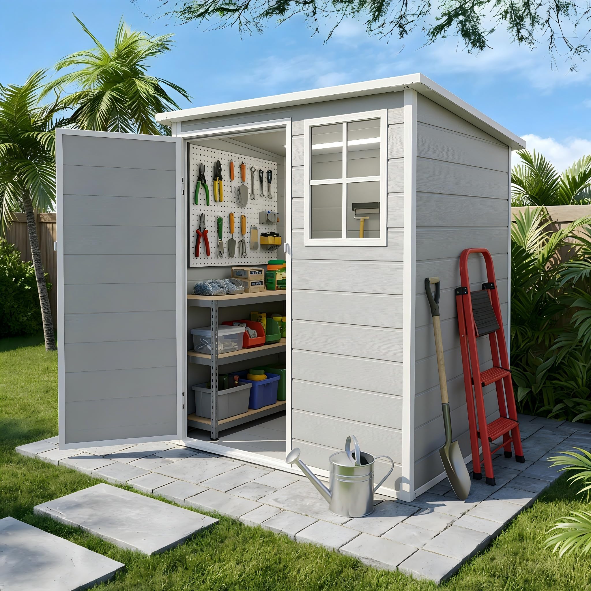 Kunststoff Gerätehaus mit Boden, 138x110.5x182 cm, wetterfestes Gartenhaus mit Fenster & abschließbarer Tür – ideal für Garten, Terrasse, Hinterhof & Werkzeuge