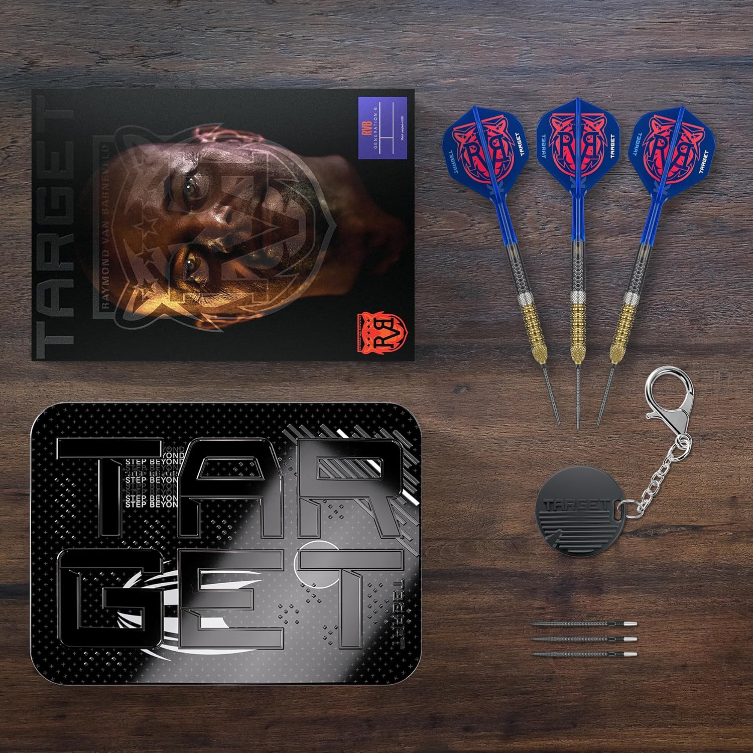 Target Darts Raymond Van Barneveld Steel Tip Generation 6 Dart Set, 21G/23G/25G | 95% Tungsten Darts, K-Flex No.2 Flights & Shafts, Swiss Chrono Points Black & SP Tool Included | Player Edition