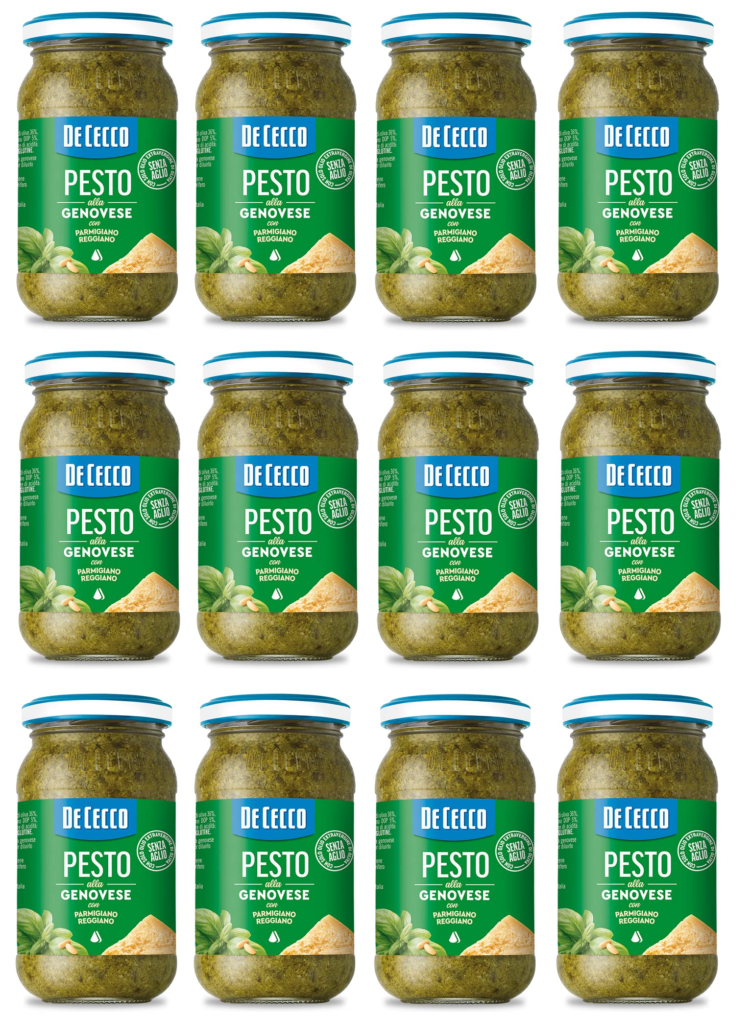 12 x De Cecco Pesto alla Genovese con Parmigiano Reggiano senza aglio Pesto con albahaca fresca, Parmigiano Reggiano sin ajo 190 g Salsa italiana