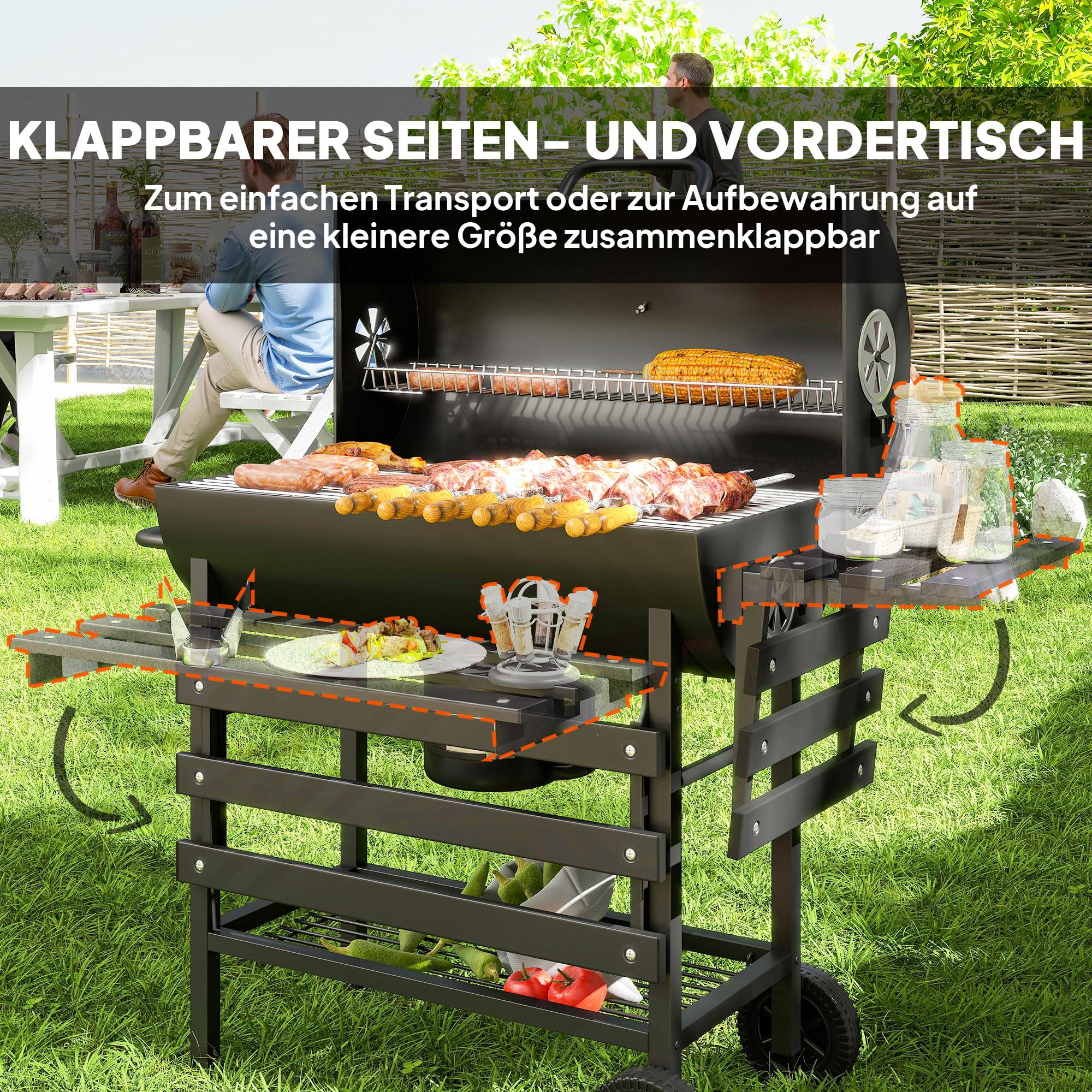 Outsunny Grill węglowy ze stali BBQ Smoker z pokrywą, uchwytami, termometrem, kółkami, mobilny grill węglowy, grill na węgiel drzewny do BBQ, campingu, tarasu i ogrodu 114 x 65 x 95 cm