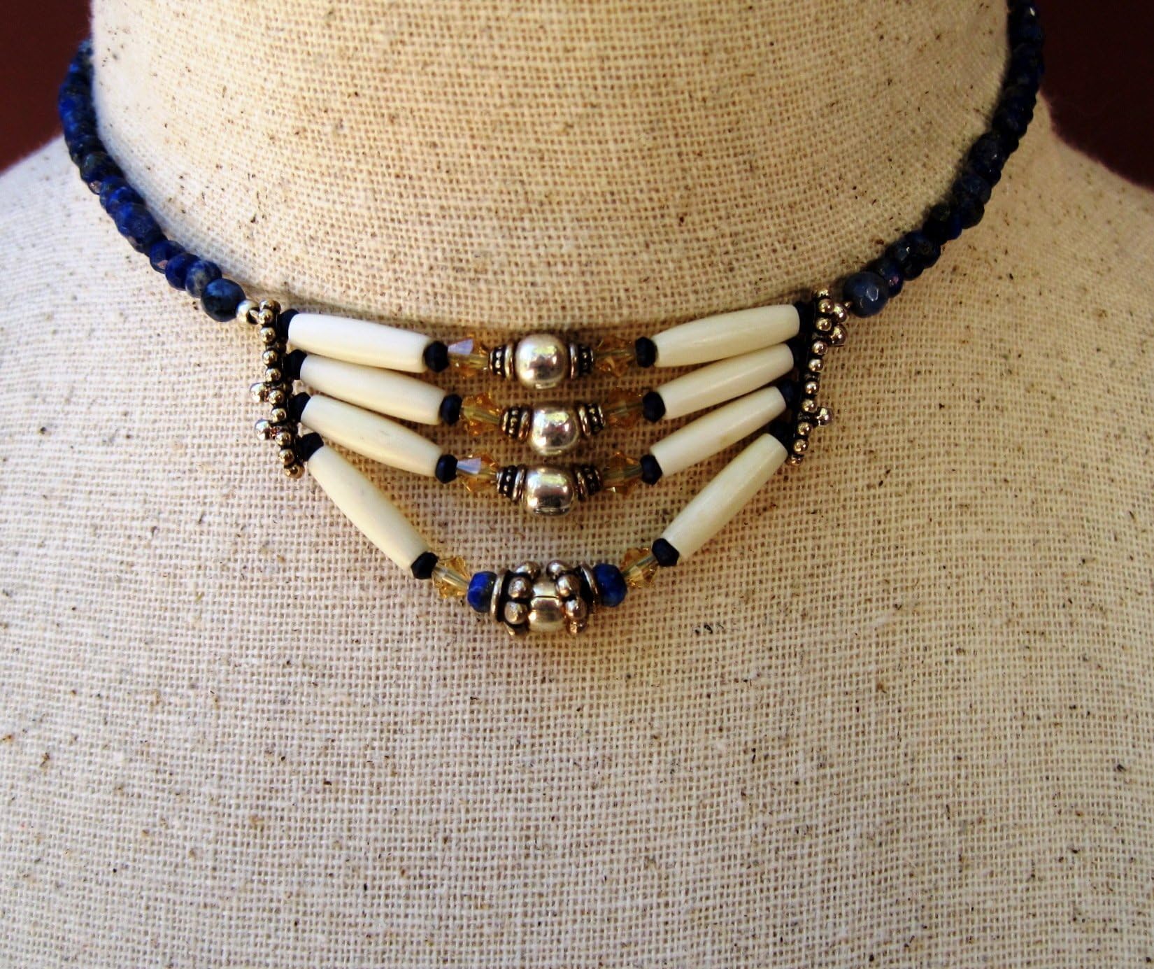 Hair Pipe bone choker with Lapis Azul, Sterling Silver, swarovski crystals, genuine Indian Leather cord and extra bling.