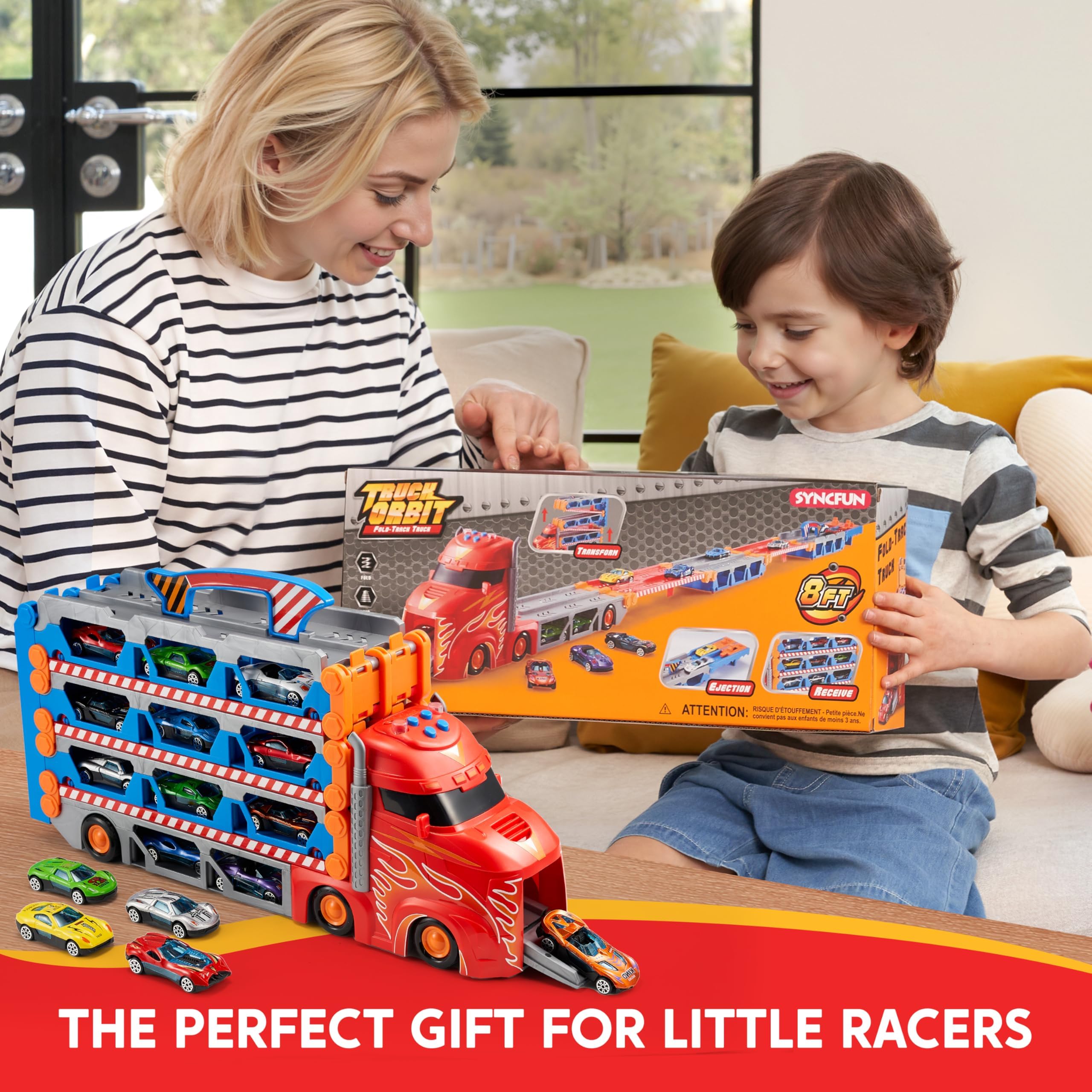 SYNCFUN Transport Race Truck Toy Cars, 2,4 m, gigantyczny tor wyścigowy, składana ciężarówka-transporter, 3-poziomowy zestaw z 12 samochodami, światłami i dźwiękami, prezent dla chłopców w wieku 3, 4