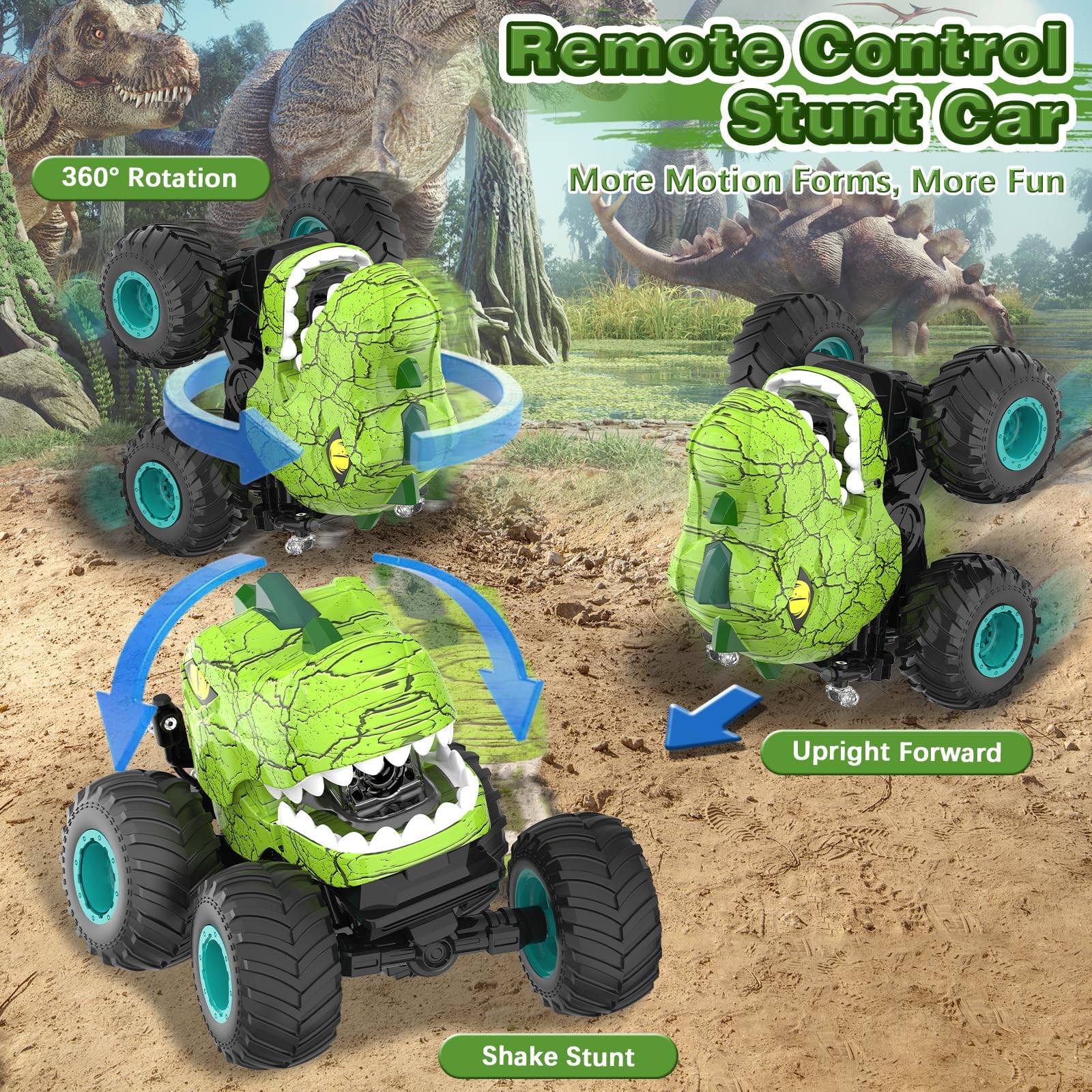 Zdalnie sterowana ciężarówka z dinozaurami, 2,4 GHz RC z funkcją spryskiwania, światłem i dźwiękiem, obracana o 360°, zabawka dinozaura dla chłopców od 3, 4, 5, 6, 7, 8, 9 i 10 lat (zielona)