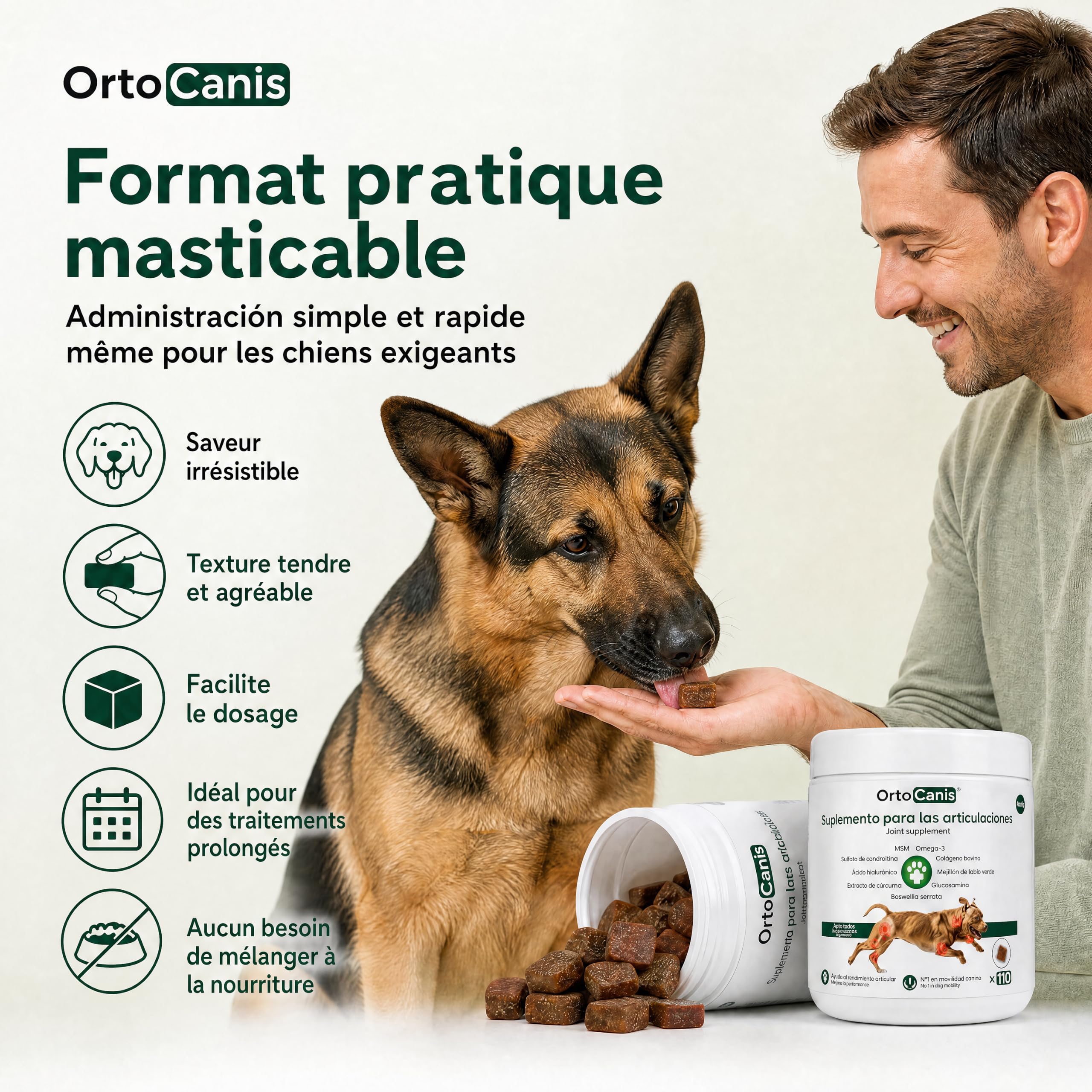 Supplément chondroprotecteur anti-inflammatoire pour chien Ortocanis - 13 ings. Actifs : glucosamine, chondroïtine, MSM, oméga-3 EPA + EVA, curcuma, boswellia serrata, collagène, vitamine E et C