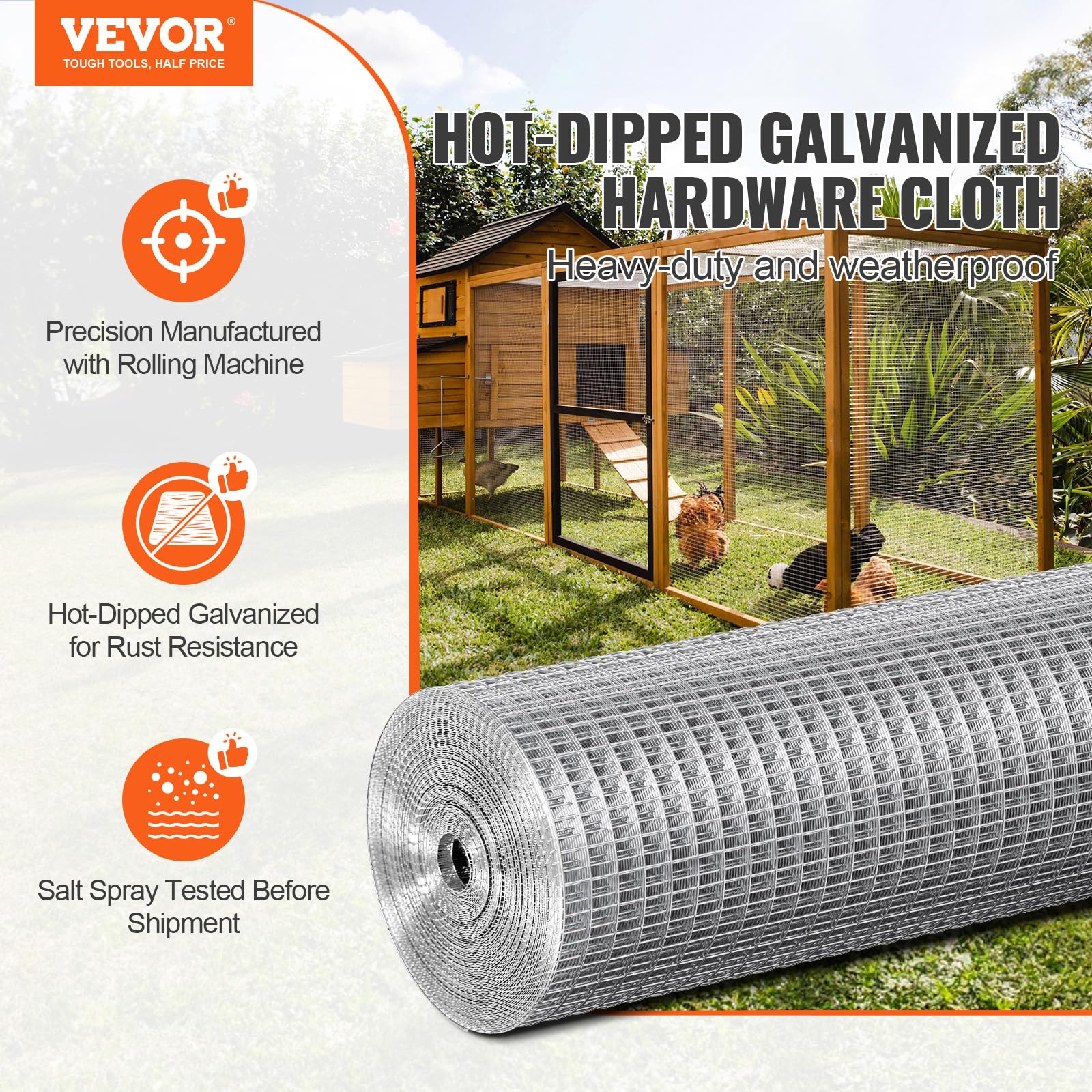 VEVOR Malla de Alambre Soldada 610 mm x 7,62 m Rollo de Malla de Alambre Galvanizado en Caliente 12,7x12,7 mm Valla de Alambre de Gallinero Calibre 19 para Jaulas de Conejos, Jardín, Roedores Pequeños