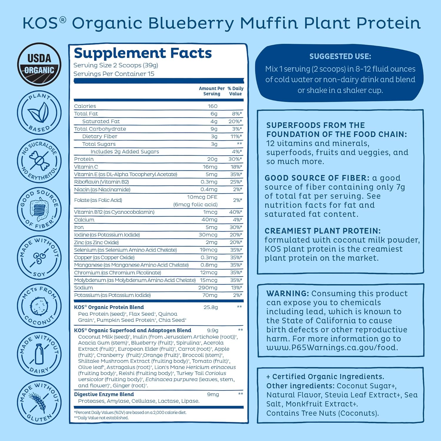 KOS Plant Based Protein Powder, Blueberry Muffin - Organic Pea Protein Superfood with Spirulina and Immune Support Blend. Soy, Gluten, Dairy Free - Vegan Meal Replacement for Women & Men - 15 Servings - Image 9