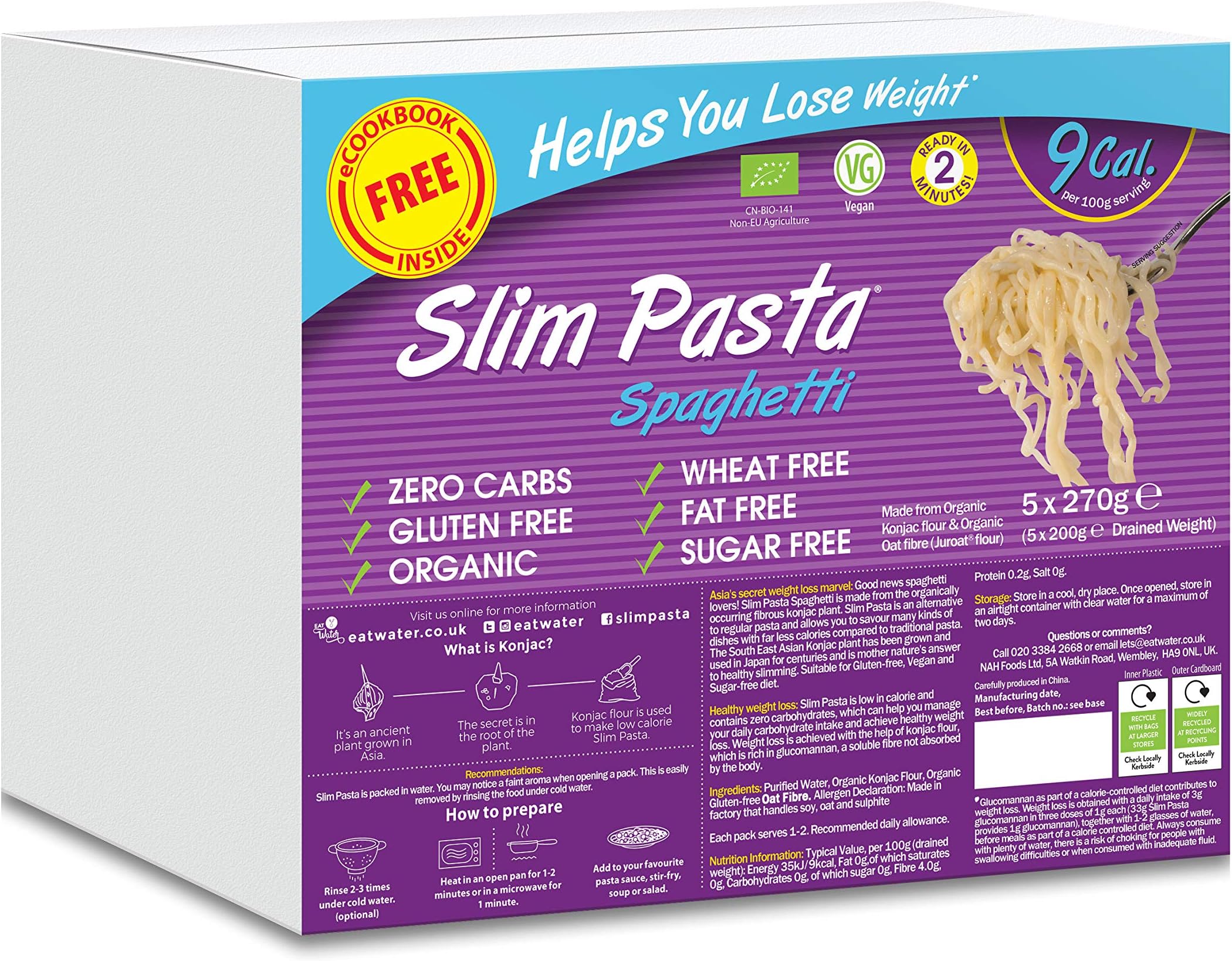 Slim Pasta Zero Carbohydrate Enviro| Made from Organic Konjac Flour | Keto Paleo Diet and Vegan | Zero Sugar, Low Calorie Food Spaghetti 270 g (Pack of 5),