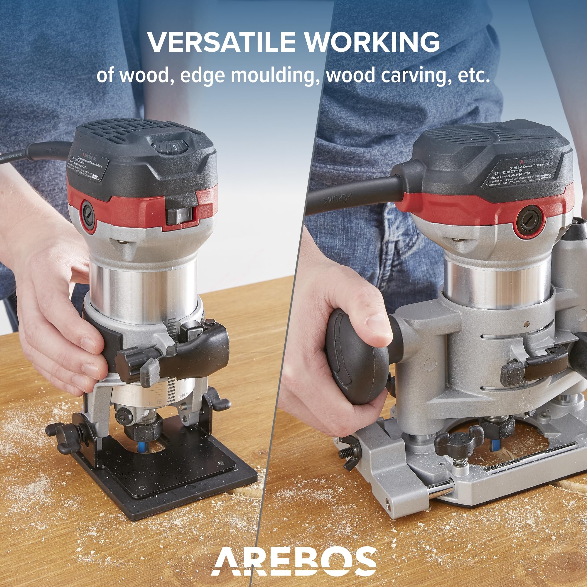 Arebos Fresadora superior | Fresadora para madera con 6 velocidades | Bloqueo del husillo de 710 W | Base de inmersión y recortadora | Pinza de sujeción de Ø 6 y 8 mm | Con bolsa para herramientas