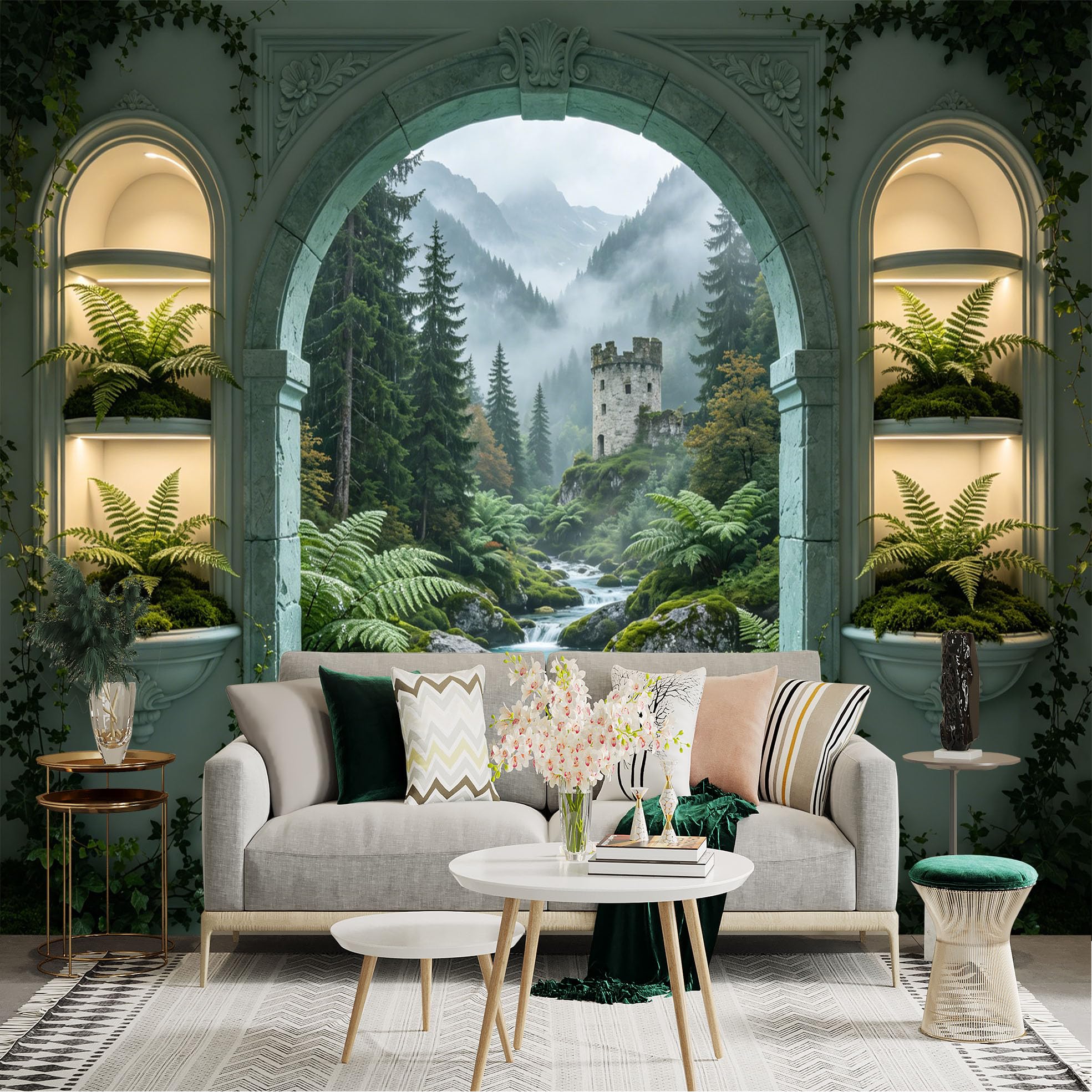 Custom Size Wall Sticker Mural， Fantasy Castle with Waterfall， Forest and Mountain View， for wall Decoration， peelandstick wall Decals.