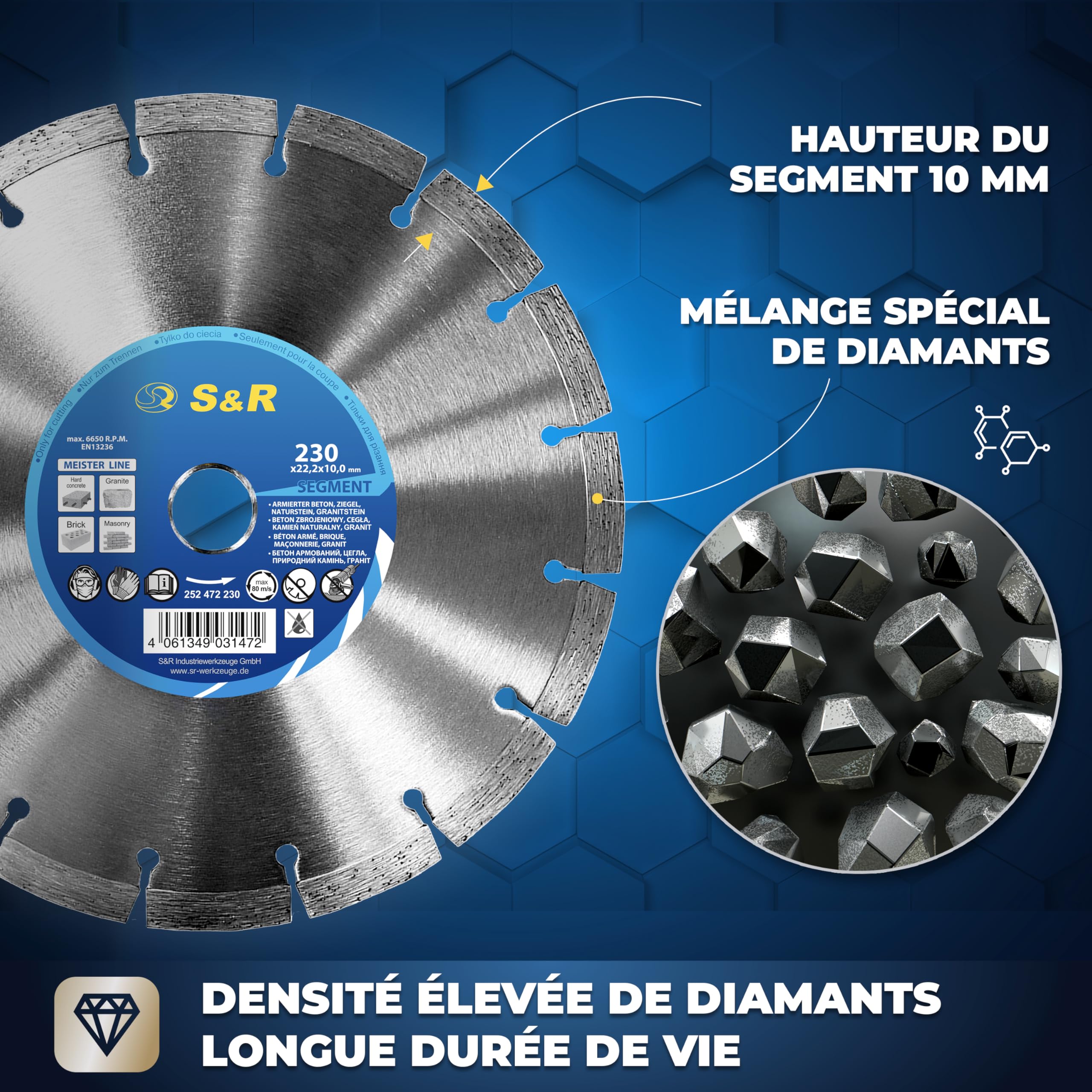 S&R Disque Diamant 230mm à tronçonner BÉTON ARMÉE/Granit/Pierre/Brique. Disque 230 Premium à segments diamants de 10mm. Qualité Industrielle