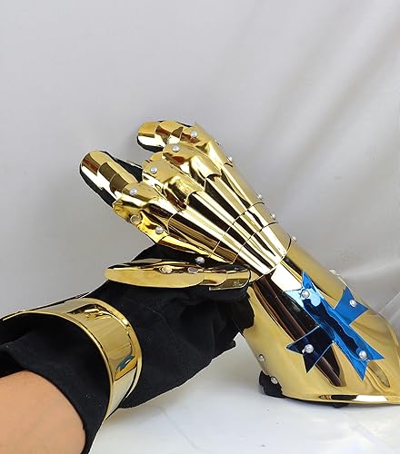 Miniatura 2 de Nagina International Disfraz de caballero medieval guanteletes decorativos de acero para Halloween con acabado de oro amarillo chapado en latón,
