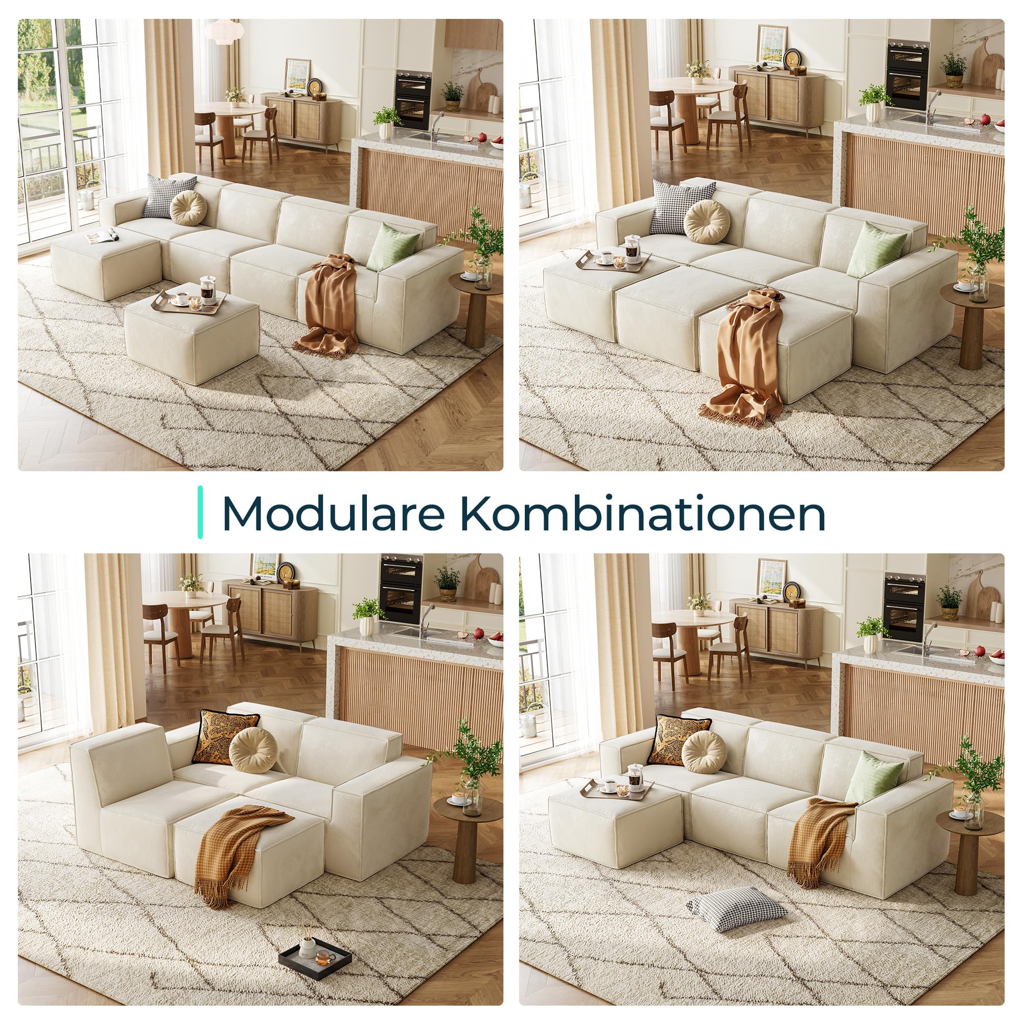 LINSY HOME Sofá de Esquina con función de Dormir - Sofá Cama Modular de 266 cm, sofá en Forma de L, sofás seccionales para salón, no Requiere Montaje (Chenilla, Blanco, 3 plazas con otomana)