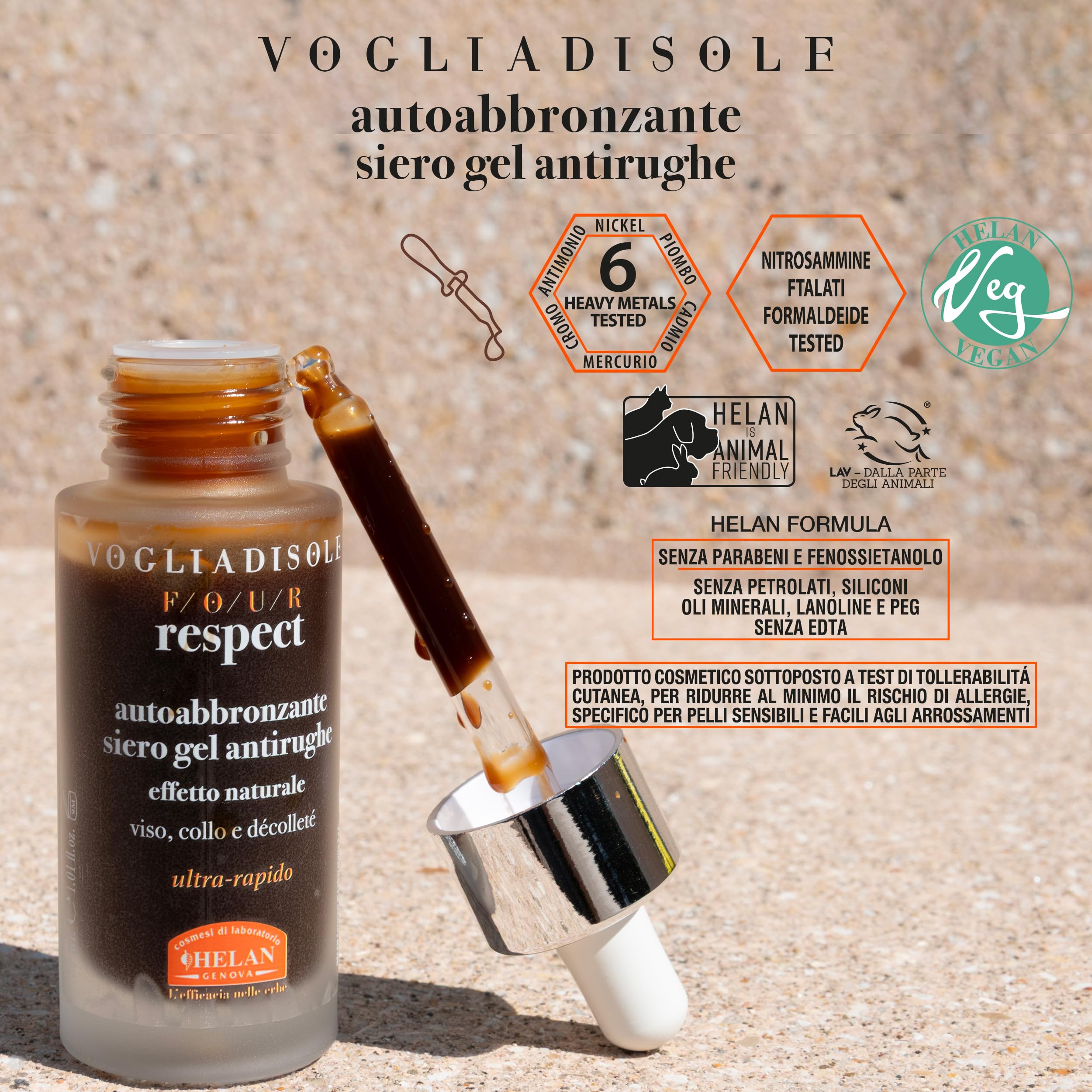 Helan, Vogliadisole Respect, Hyaluronic Acid Face Serum Self Tanning Anti-Wrinkle Gel with Vitamin E, Inositol and Agnocactus - Image 4