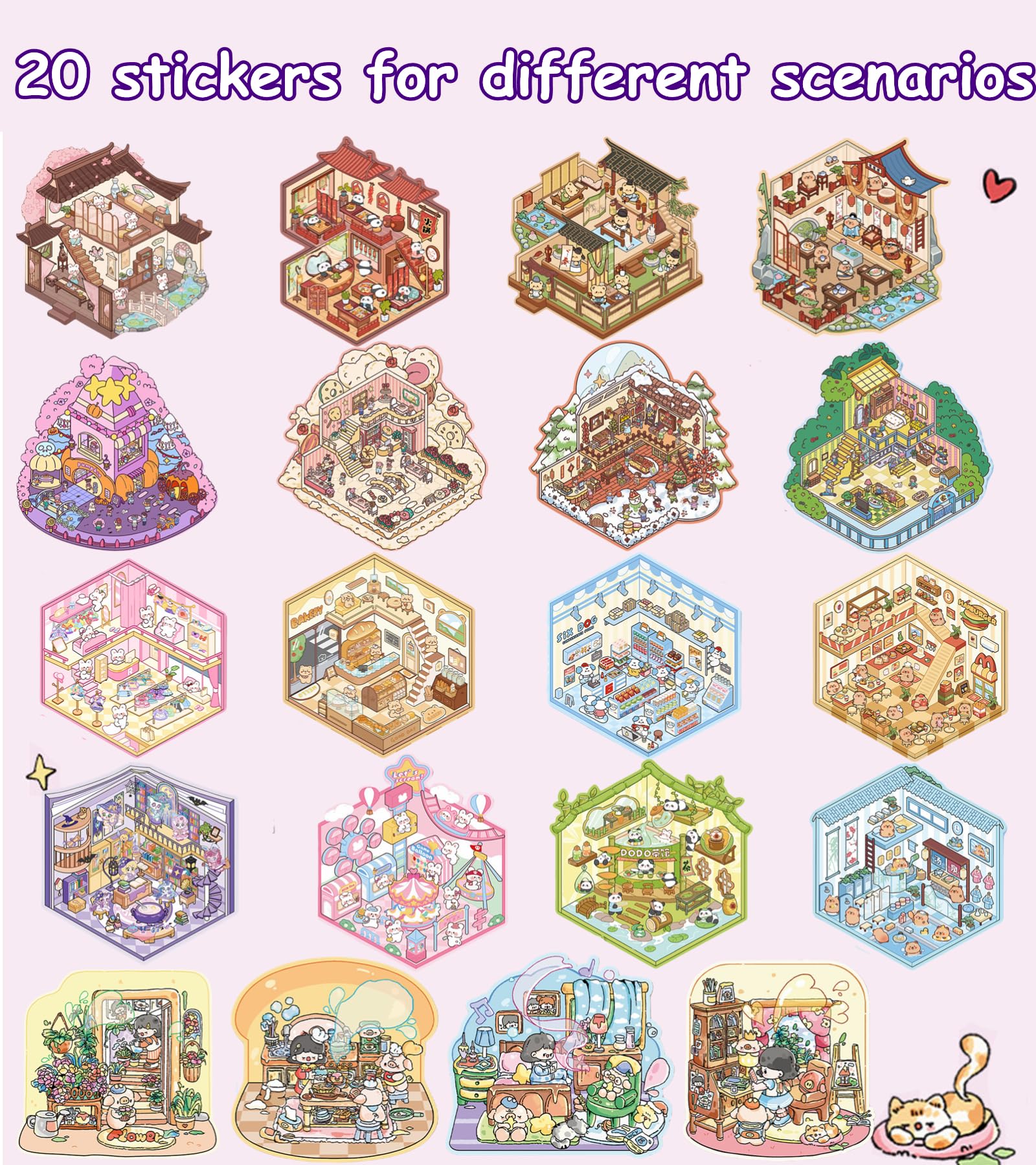 Wnqou 20 Sets DIY 3D House Stickers Collection Book, 3D Scene Simulated, Miniature Cabin Simulated Scene Game - Image 4