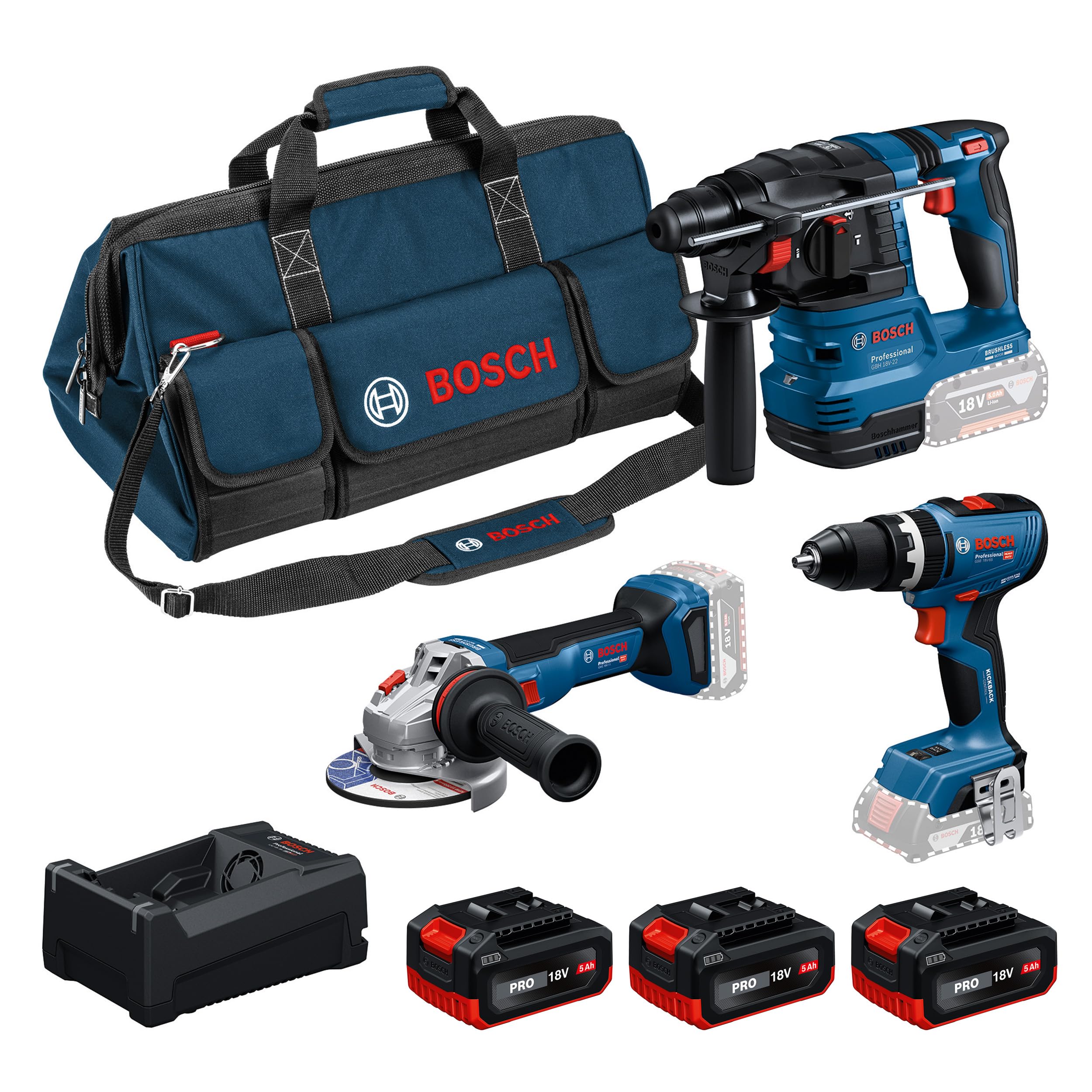 Bosch PRO 18V System Combo Kit: GSB 18V-65, GBH 18V-22, GWS 18V-11, 3x GBA 5.0Ah, GAL 12V/18V-80, M-BAG