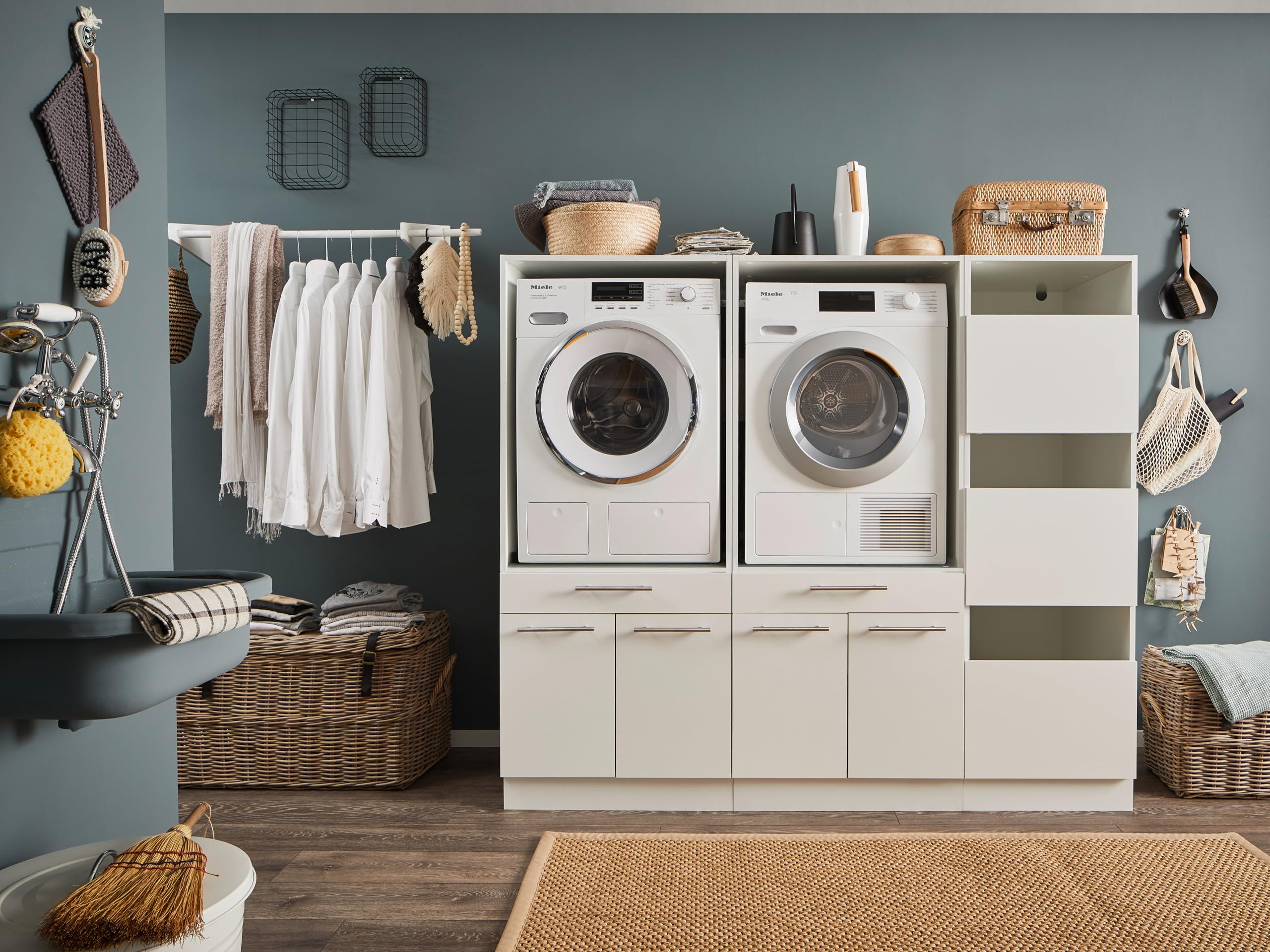Laundreezy 2X Waschmaschinenschrank mit Wäscheschrank, Weiß - Waschmaschinen-Überbauschrank TÜV-Zertifiziert mit viel Stauraum - 185 x 162 x 67,5 cm (B/H/T)
