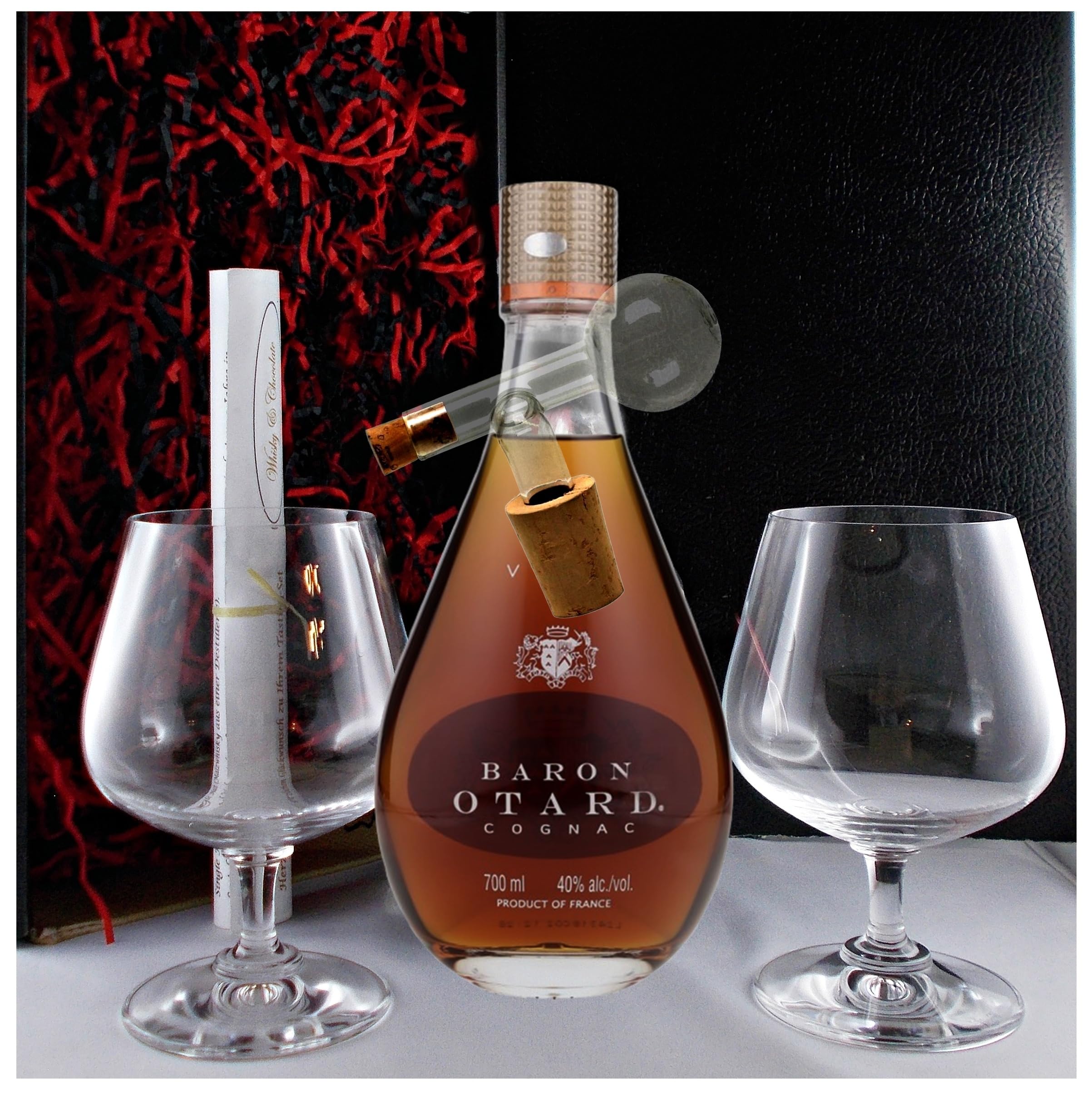 Baron Otard VSOP Cognac + 2 Cognac Schwenker + Glaskugelportionierer zum feinen Dosieren im Geschenk Karton Geschenkset Männergeschenke