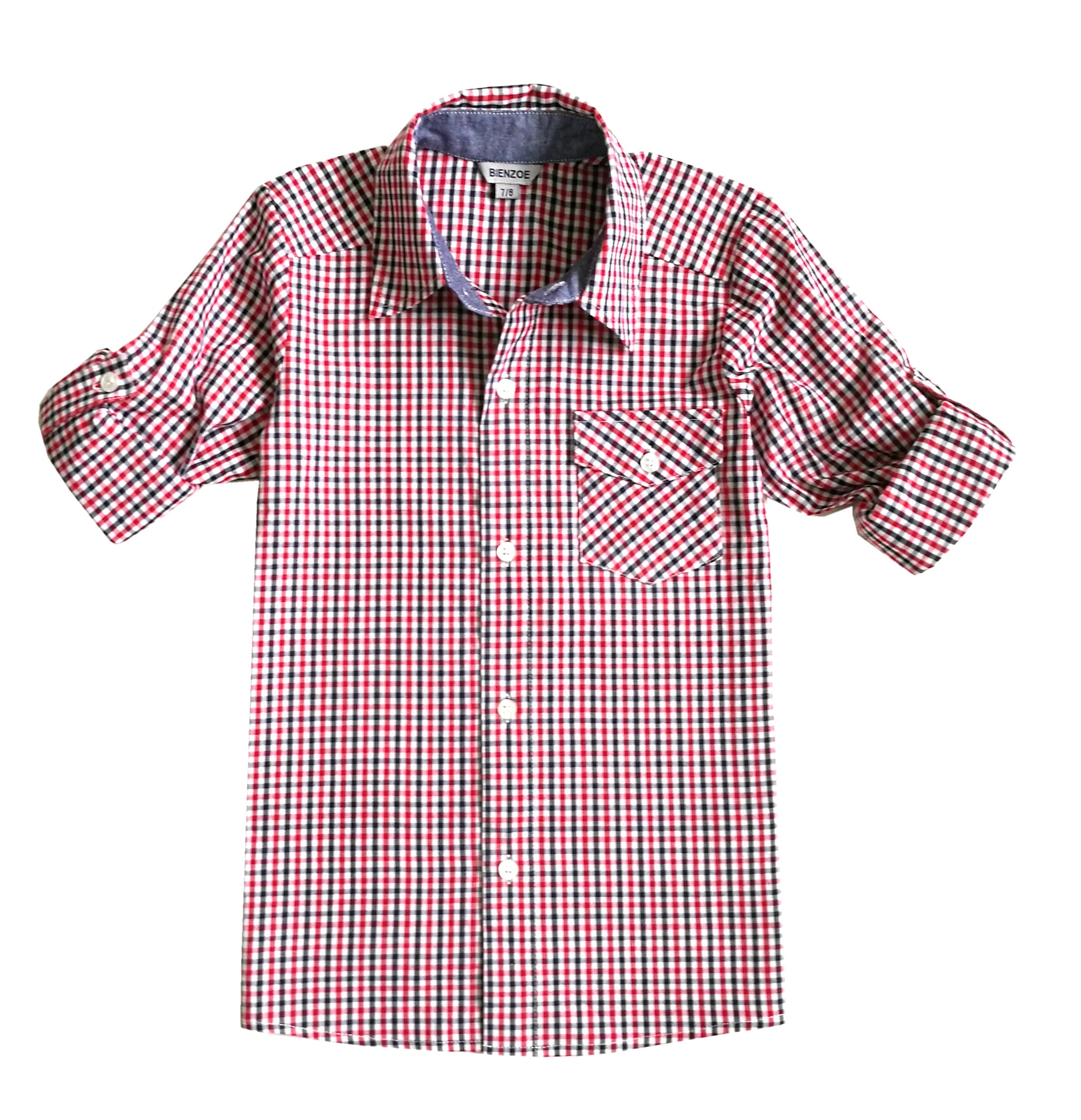 Bienzoe Niños Abotonada Camisa: Niños Cuadros Enrollar Cuello Casual Algodón Camisa
