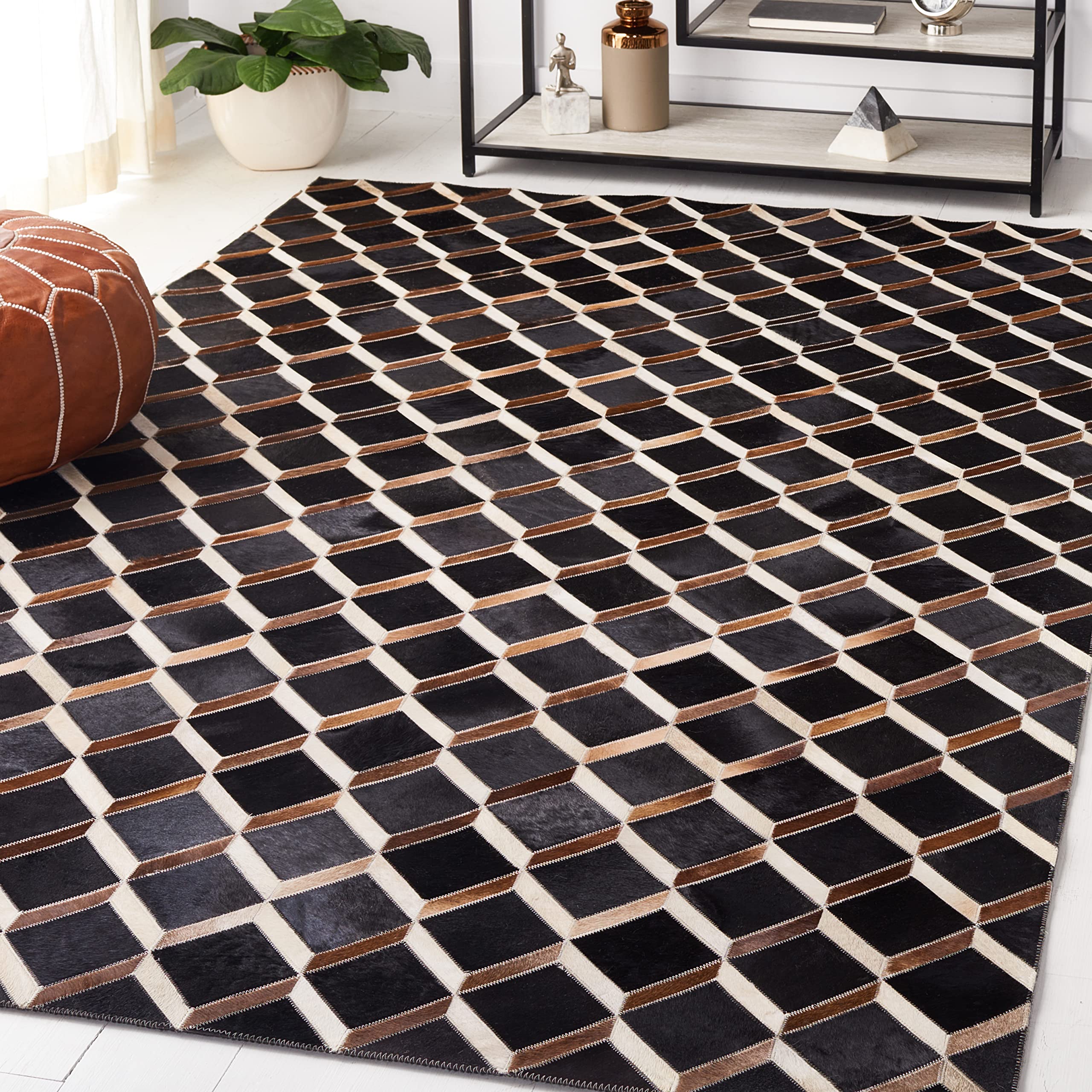 SAFAVIEH Studio Leather Collection Area Rug - 5' x 8', Black & Brown, Handmade Modern Leather & Wool, Ideal for High Traffic Areas in Living Room, Bedroom (STL901Z)