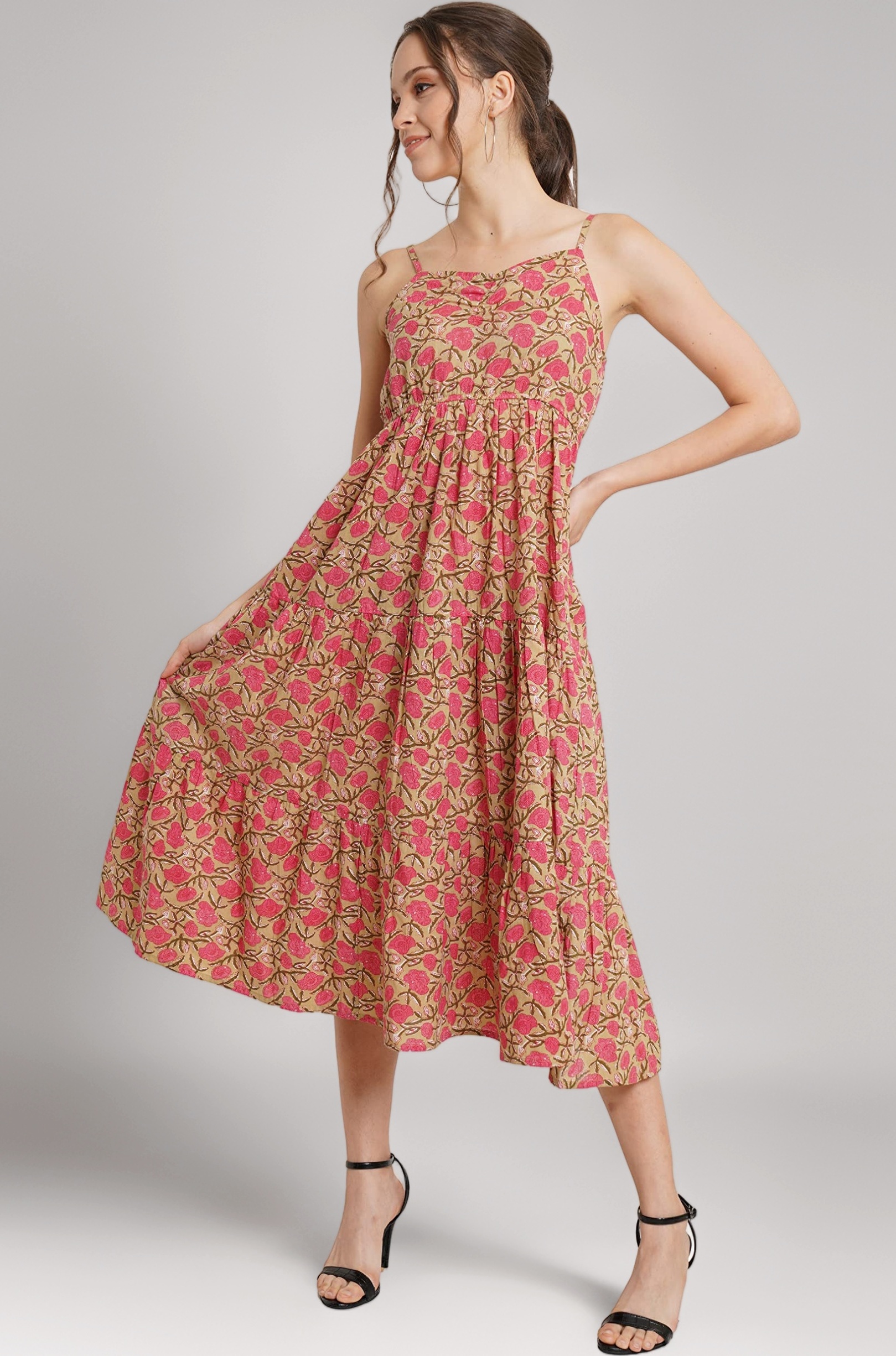 COTLAND Fashions Breathable Cotton Printed A-Line Midi Dress for Women