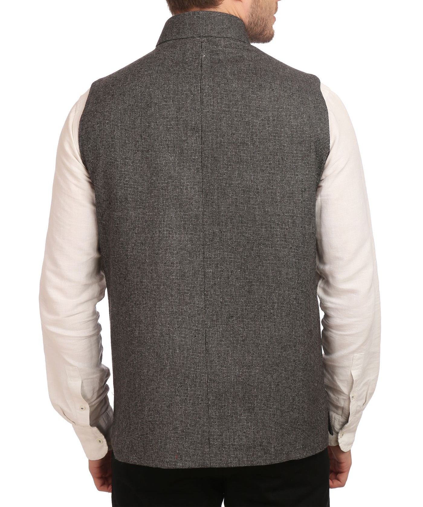 WINTAGE Men's Tweed Bandhgala Festive Nehru Jacket Waistcoat Grey - Image 3 thumbnail