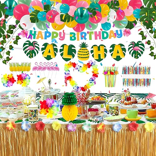CX-Reezy 149 piezas de decoraciones de fiesta Luau, fiesta de cumpleaños hawaiana en la playa, suministros de fiesta de Aloha tropical, decoración