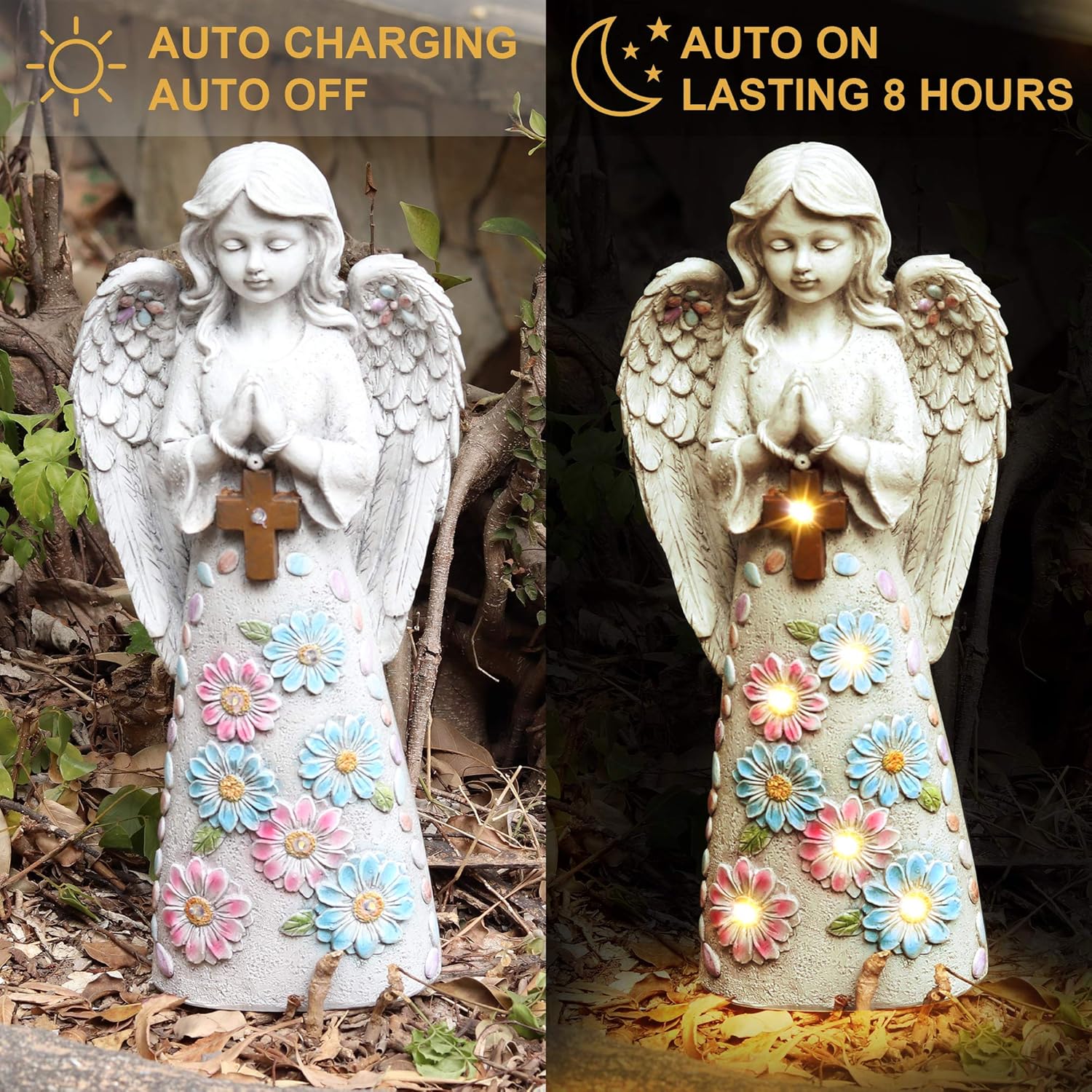 Angel Garden Statue Outdoor Figurine, Solar Powered Garden Sculpture with 6 LEDs Resin Praying Angel Decor for Patio Lawn Yard Porch Decoration Christmas Birthday Housewarming Present 13.2” H - Image 3