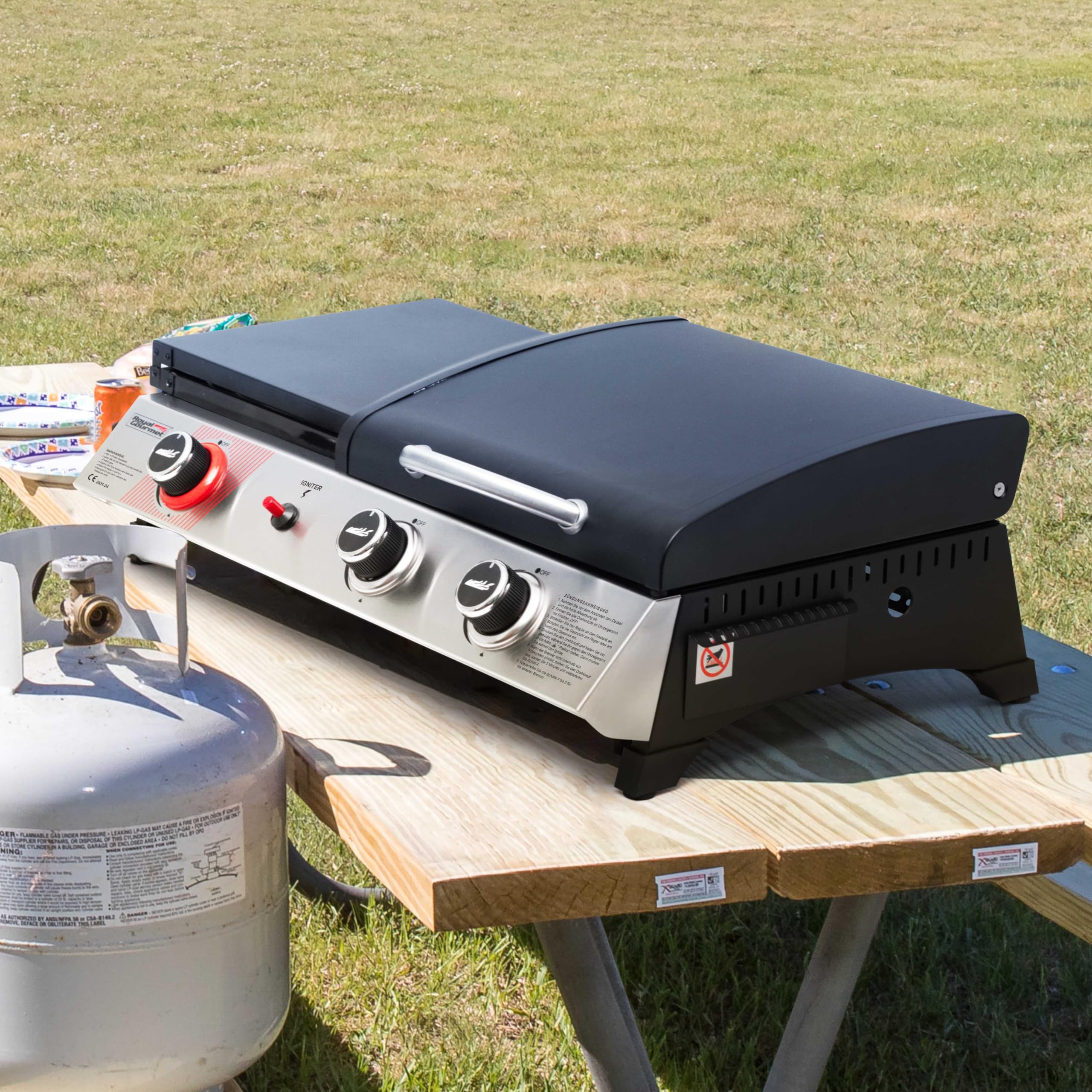 Royal Gourmet 8,5 kW Gasgrill, 3 in 1 Tischgrill mit Grillen, Braten, Kochen, 3 Brenner Tragbarer Picknickgrill Campinggrill mit Klappbare Seitenablage Schwarz