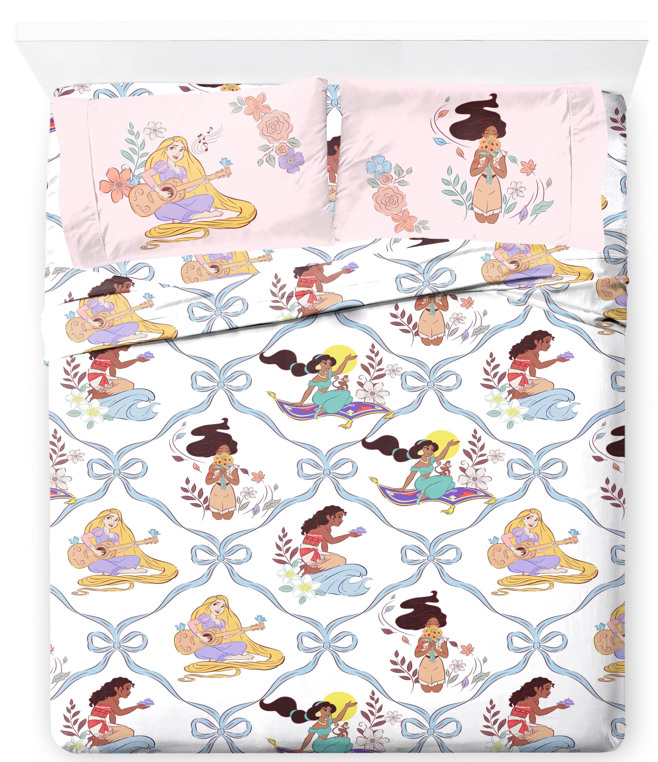 Jay Franco Kids Sheet Set with Fitted, Flat Sheets & Pillow Cover - Ultra-Soft Bedding with Pillowcase for Room Decor, White – Disney Princess, 4 Piece Queen