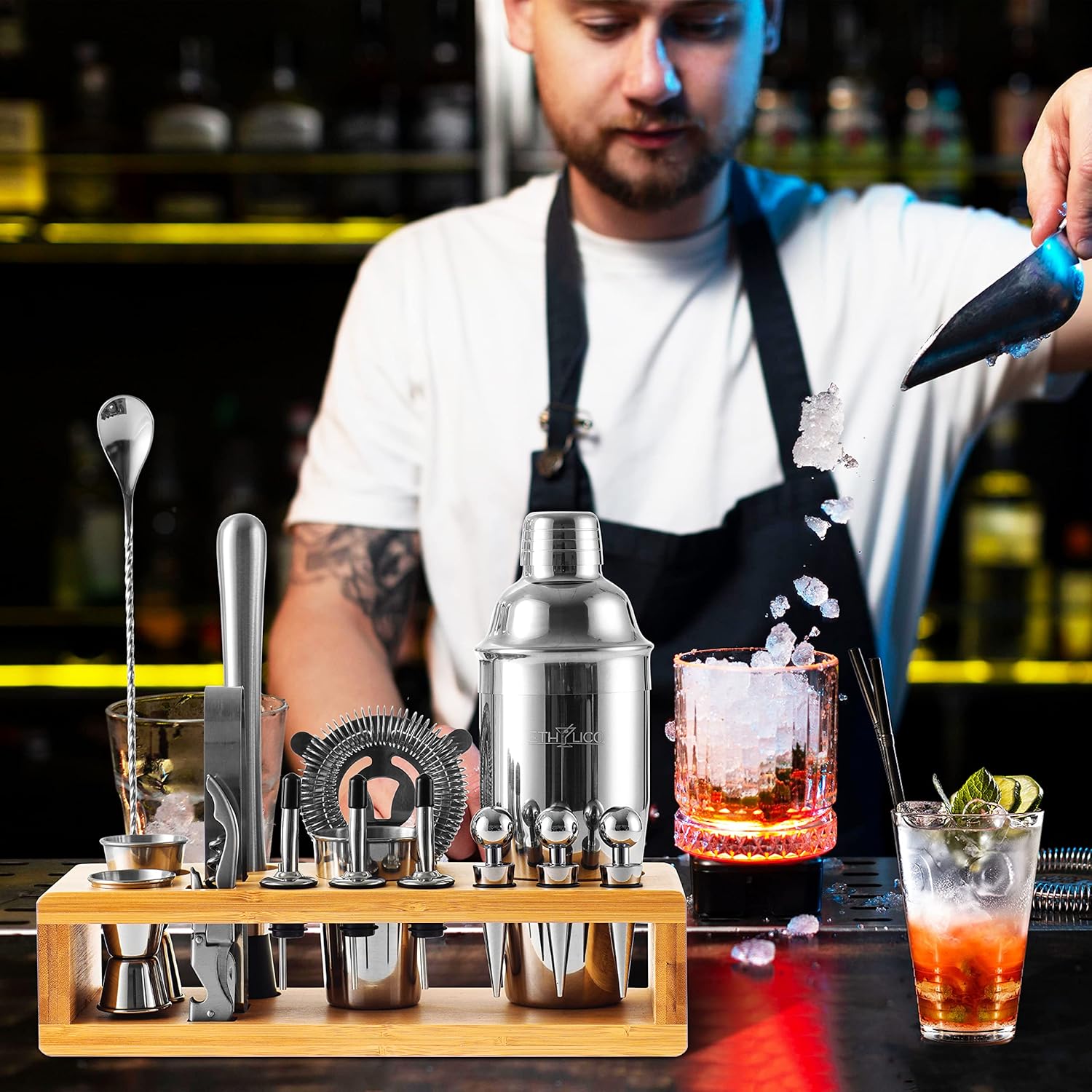 Cocktail Shaker Kit | Barware Tool Set | Professional 16 piece Bartender Kit with Natural Bamboo Stand - 55 Cocktail Recipe Book Included - Silver