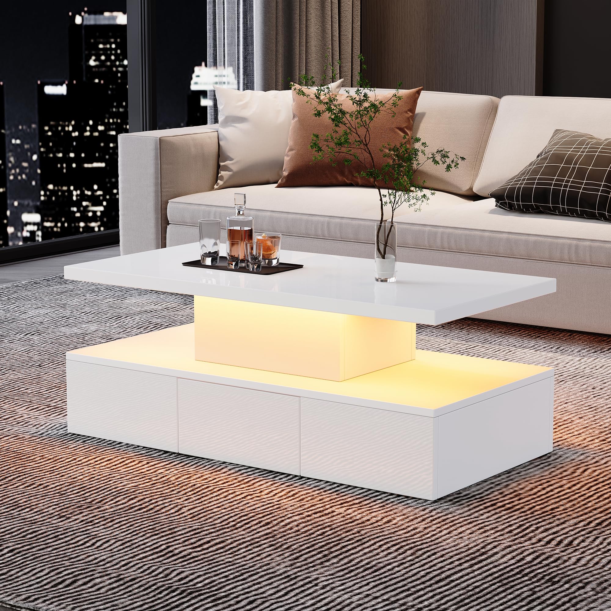Merax Couchtisch mit LED 100x50 cm, Hochglanz Sofatisch mit Schublade, Weiß Offenes Ablagefach und geräumige Schublade für eine übersichtliche Aufbewahrung.