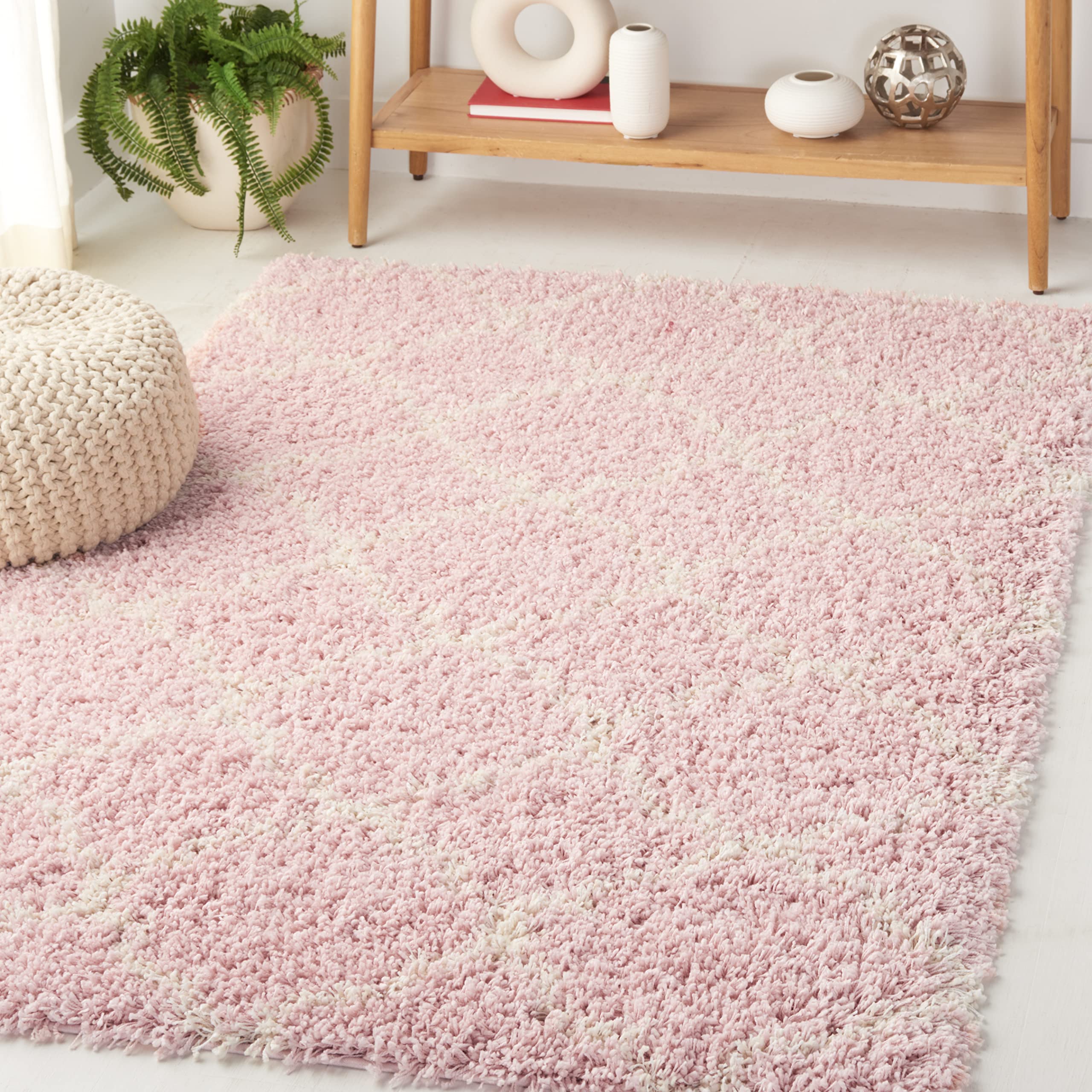 Tapis à poil long anti-sol froid Hudson Shag ivoire et rose pour chambre et salon