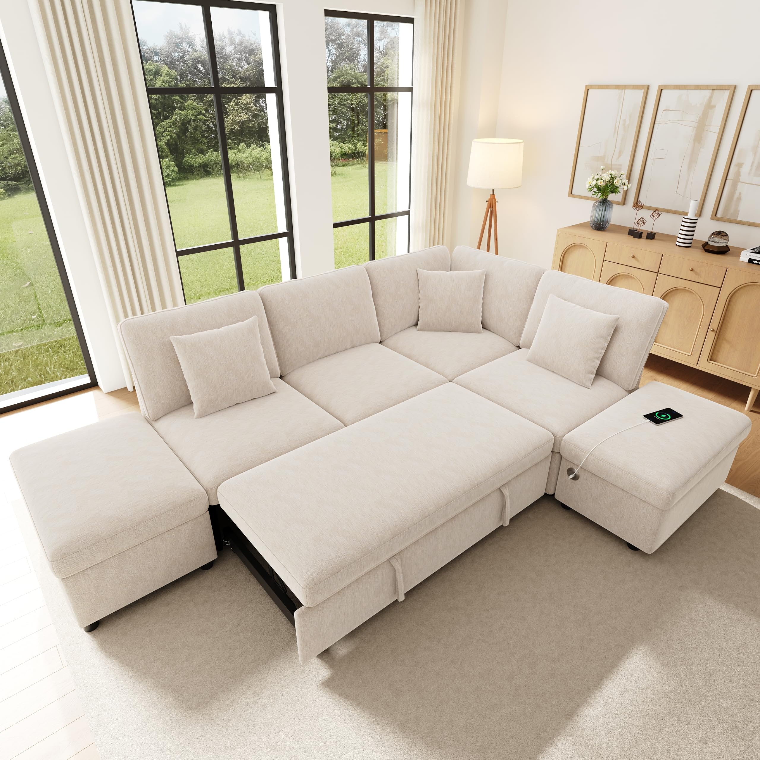 Sapgaks Sofá Convertible de 6 plazas en L con USB C y almacenamiento, gran sofá esquinero Convertible en Chenille con cojines, sofá cama modular en el salón Appt, beige | B0H6X5KR6N