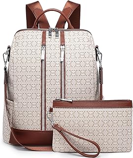 Backpack Purse for Women Vegan Leather Travel Backpack with Wristlet, Designer Convertible Shoulder Bag Satchel Handbag, Lightweight Fashion Backpack with Wide Strap, Beige/Brown