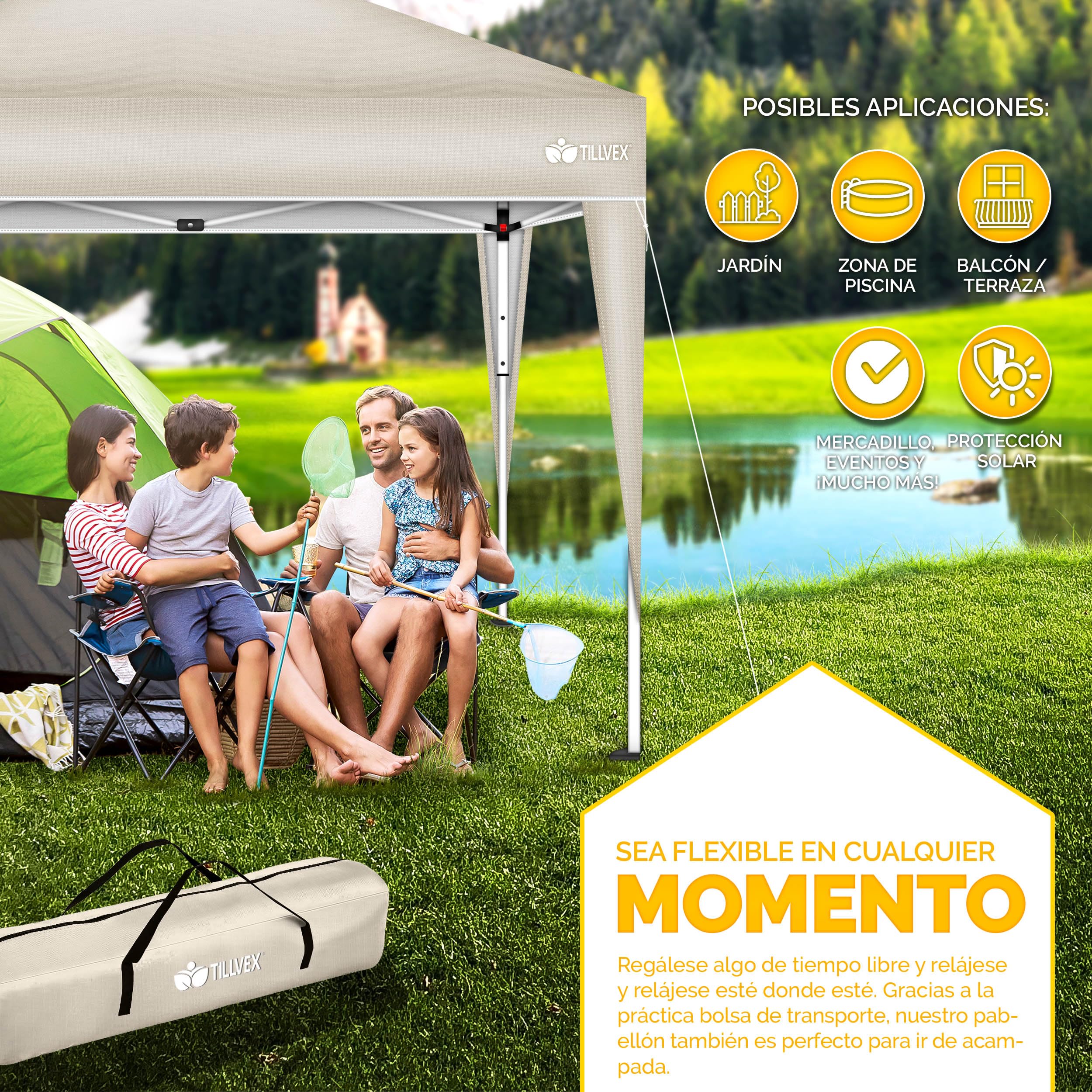 tillvex Gazebo Plegable Cenador 3x3m Impermeable | Pabellon de Jardin Pop-up Regulable en Altura | Carpa de jardín protección UV 50+ | Cenador de Fiesta con Bolsa (Beige)