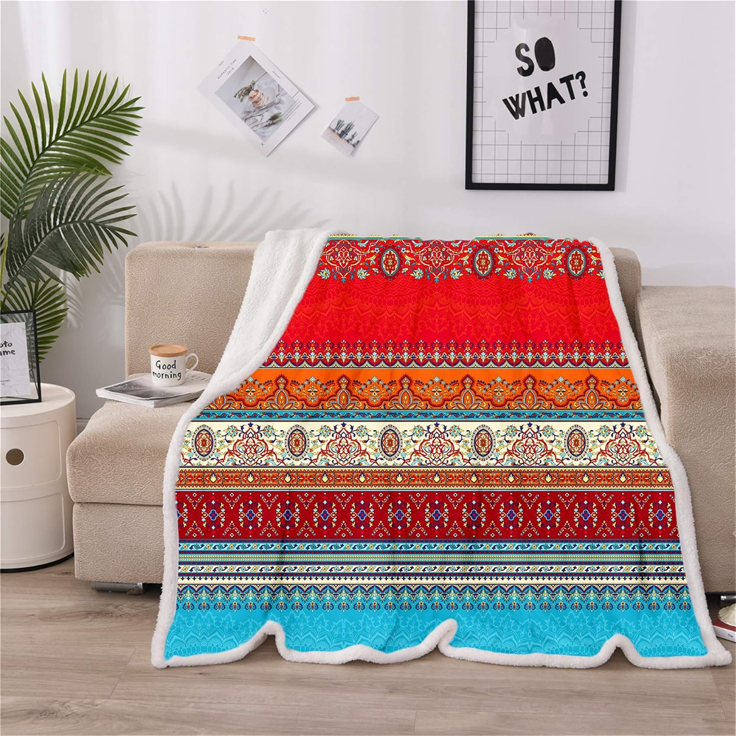 A Nice Night Boho Paisley Stripes Sherpa Fleece Blanket Twin Size Plush Throw Blanket Fuzzy Soft Blanket Microfiber (Blue, Twin(60x80 Inch))