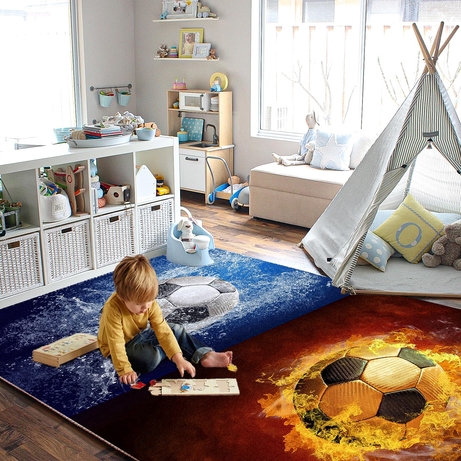 Dai Lufei Football Rug - Stadium Ice Fire Flames Printed Large Area Rug 3D Sports Field Floor Mat - 80 x 120 cm - Image 2