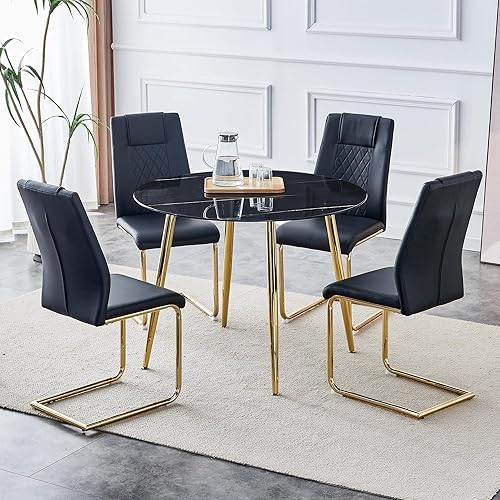 Miniatura 5 de Mesa de comedor redonda de vidrio de 40 pulgadas, mesa de cocina moderna con mesa de vidrio grueso, mesa de comedor redonda con patas doradas para