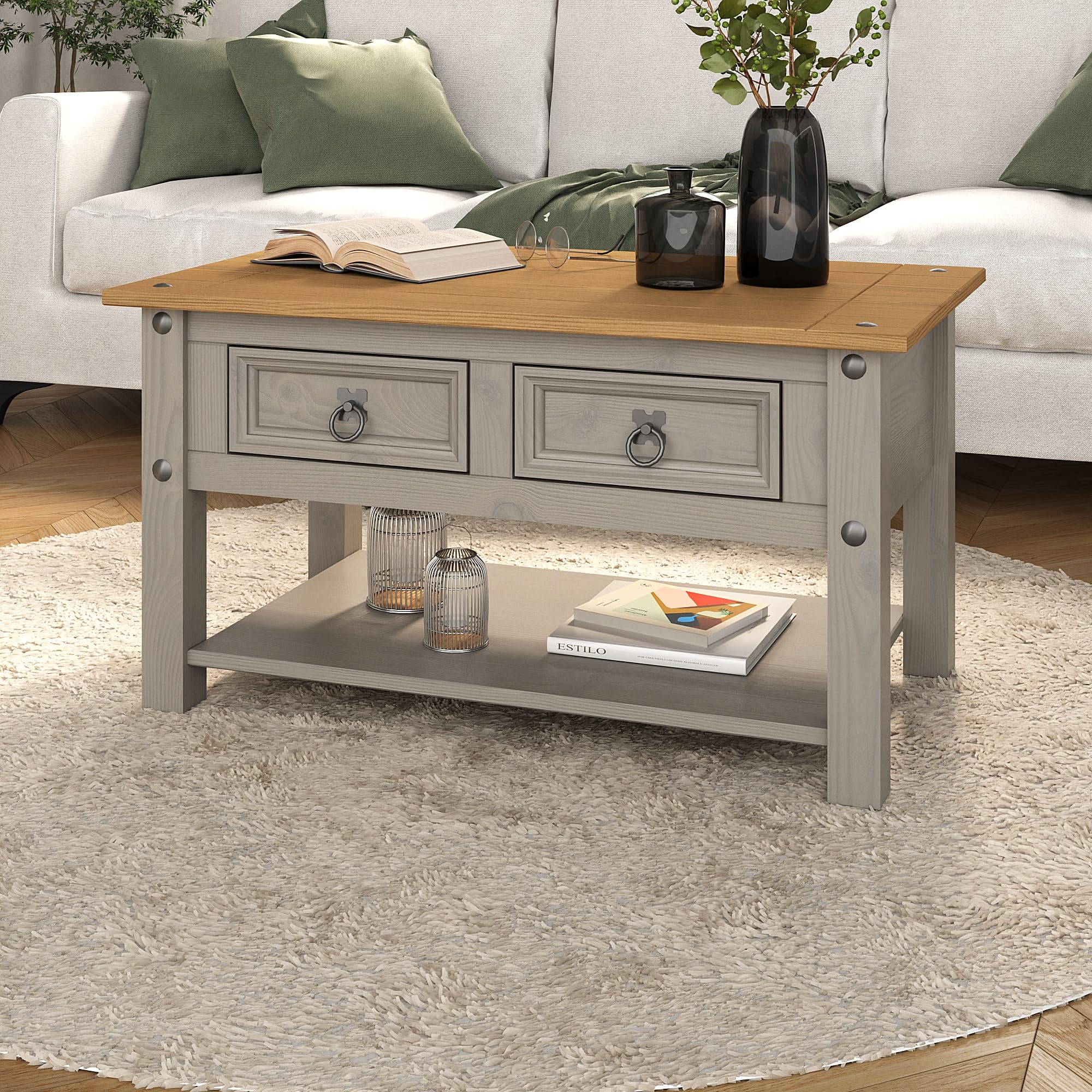 Mews Corona Grey Coffee Table 2 Drawer Mexican Occasional Solid Pine Wood from B&Q