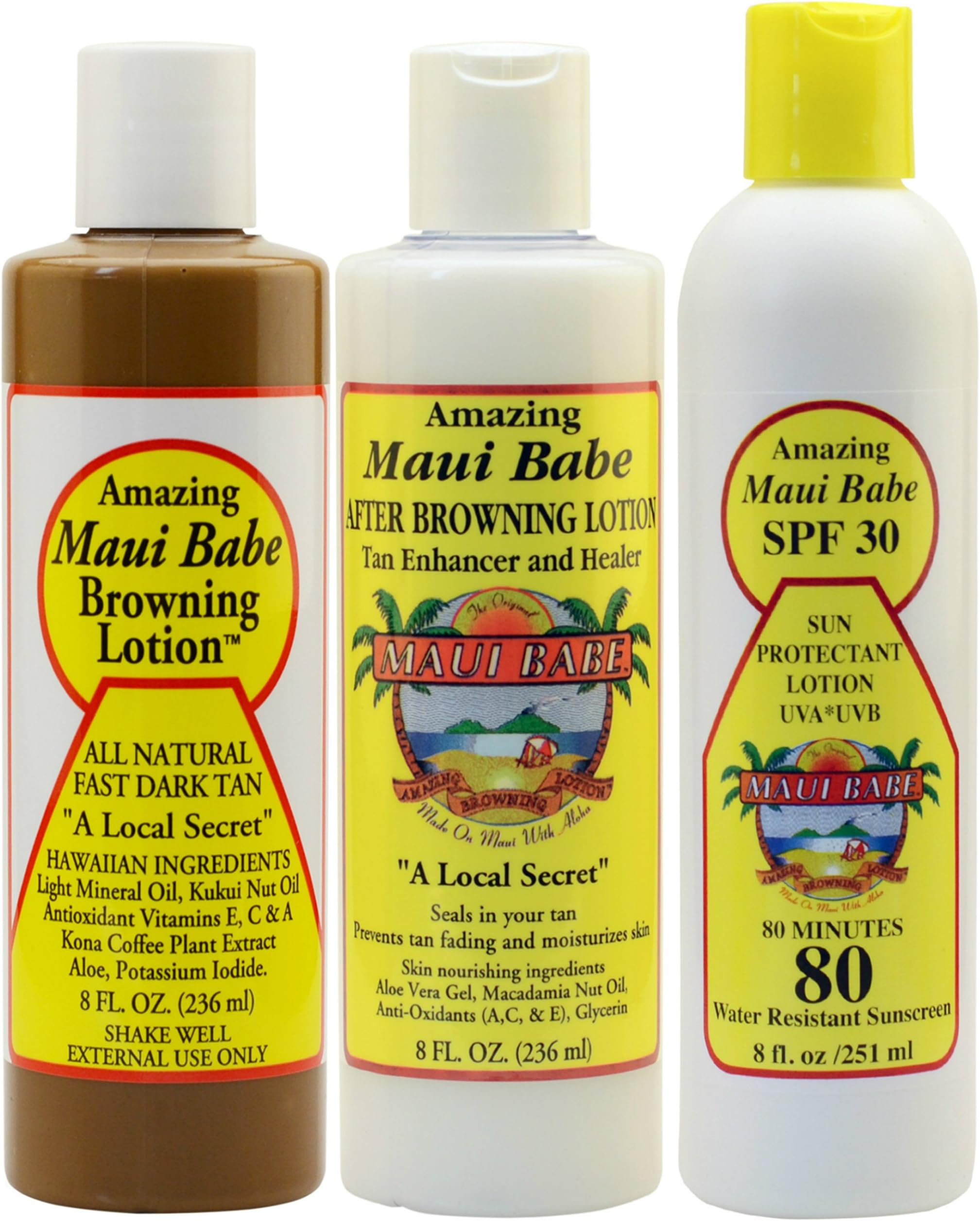 Maui Babe Variety Beach Pack (Browning Lotion 8 oz, After Browning Lotion 8 oz, and SPF 30 Sunblock 8 oz) by Maui Babe