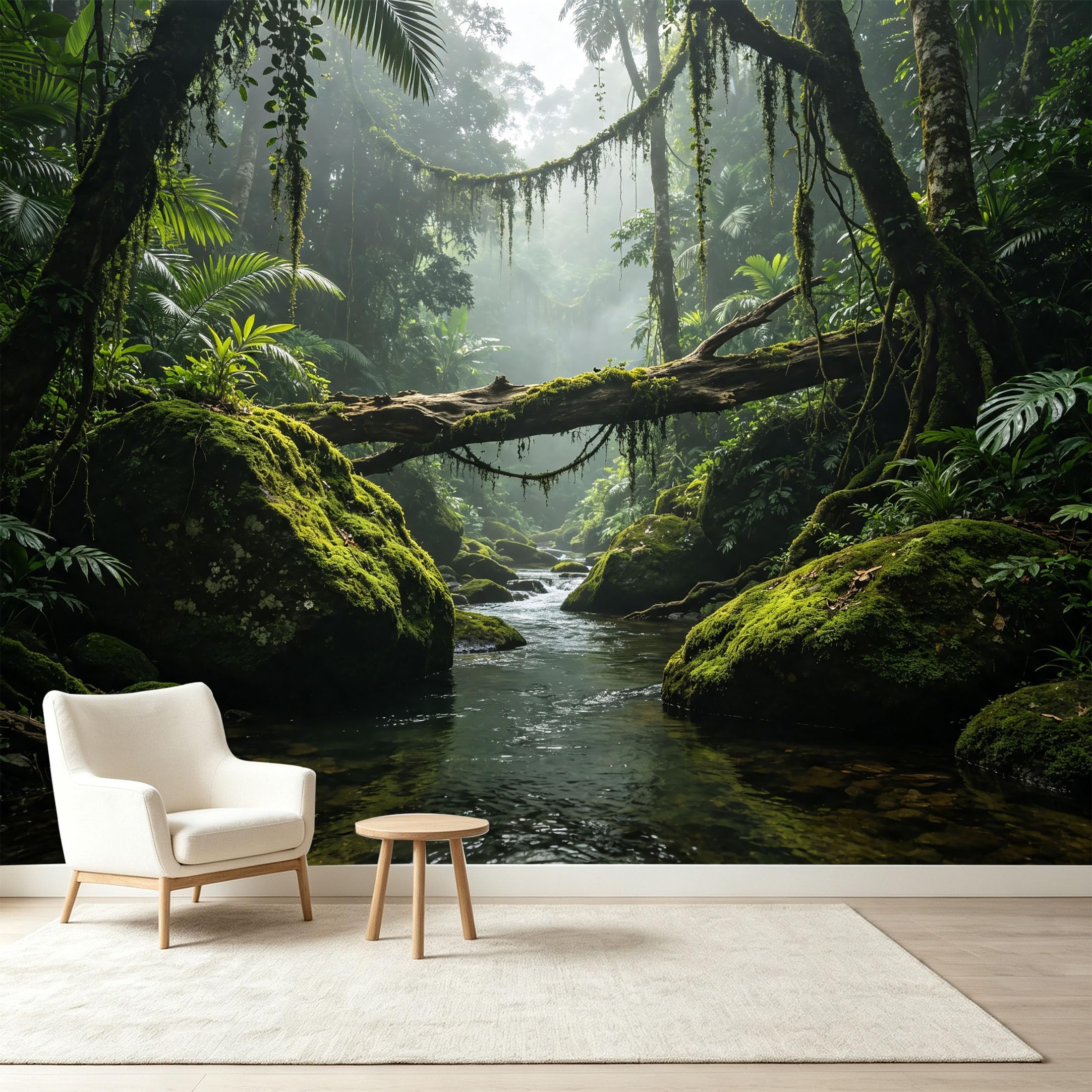 Custom Size Wall Murals Tropical Jungle Rainforest Stream Mossy Stones Botanical 3D Self-Adhesive Wall Fabric Removable Wallpaper Wall Decor for Living Room Bedroom Bathroom