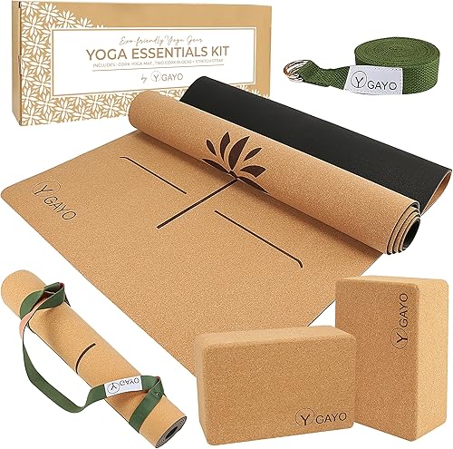 Y O Gayo Kit esencial de yoga todo en uno de corcho de alta calidad, tapete de yoga de corcho grande de 0.197 in y bloques con correa de transporte