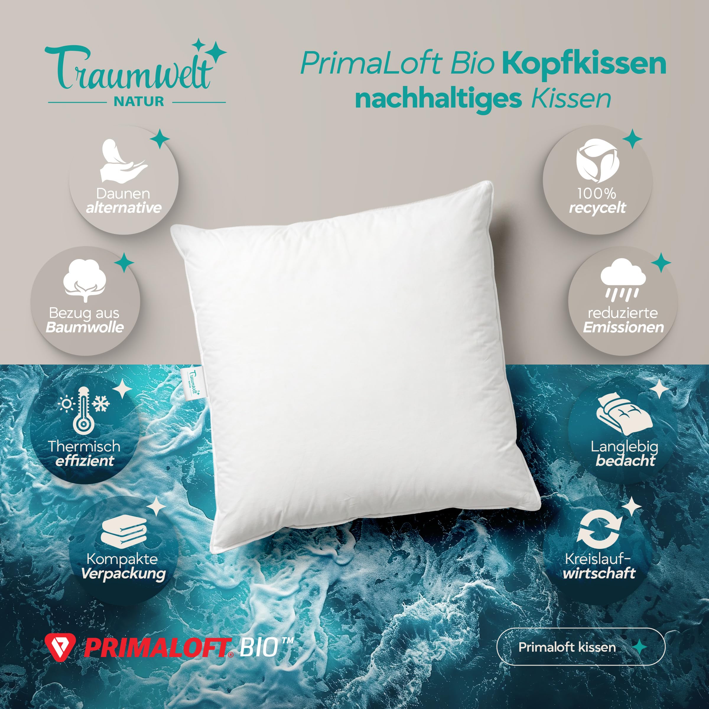Made in Germany Kopfkissen 80x80 cm, mit Primaloft Bio Mikrofasern-Füllung, weiß, Füllgewicht: 1500g. Allergiker geeignet, Öko-Tex 100, biologisch abbaubar, Klimaneutral